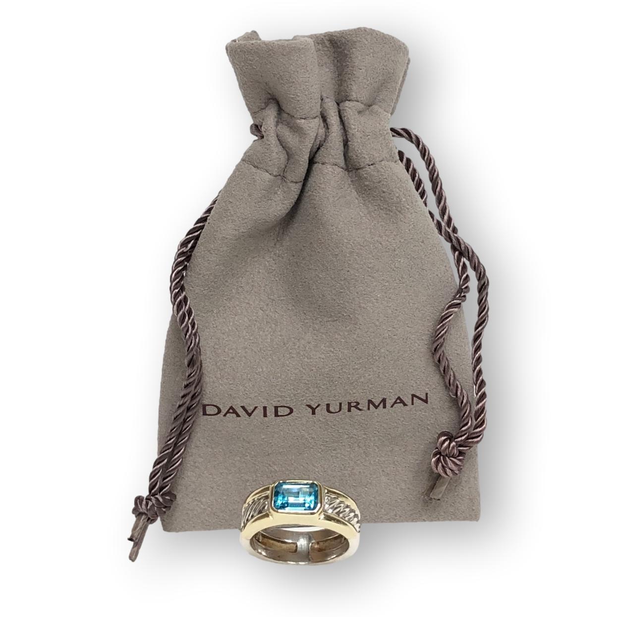 Emerald Cut David Yurman Sterling Silver 14K Yellow Gold Bezel Set Blue Topaz Cable Ring  For Sale