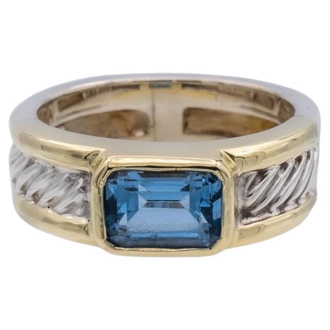 David Yurman Sterling Silver 14K Yellow Gold Bezel Set Blue Topaz Cable Ring  For Sale