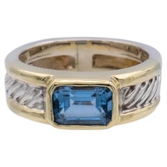 Vintage David Yurman Sterling Silver 14K Yellow Gold Bezel Set Blue Topaz Cable Ring 