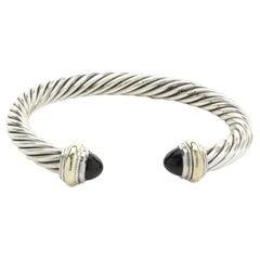 David Yurman Sterling Silver & 14k Yellow Gold Black Onyx Cable Cuff Bracelet