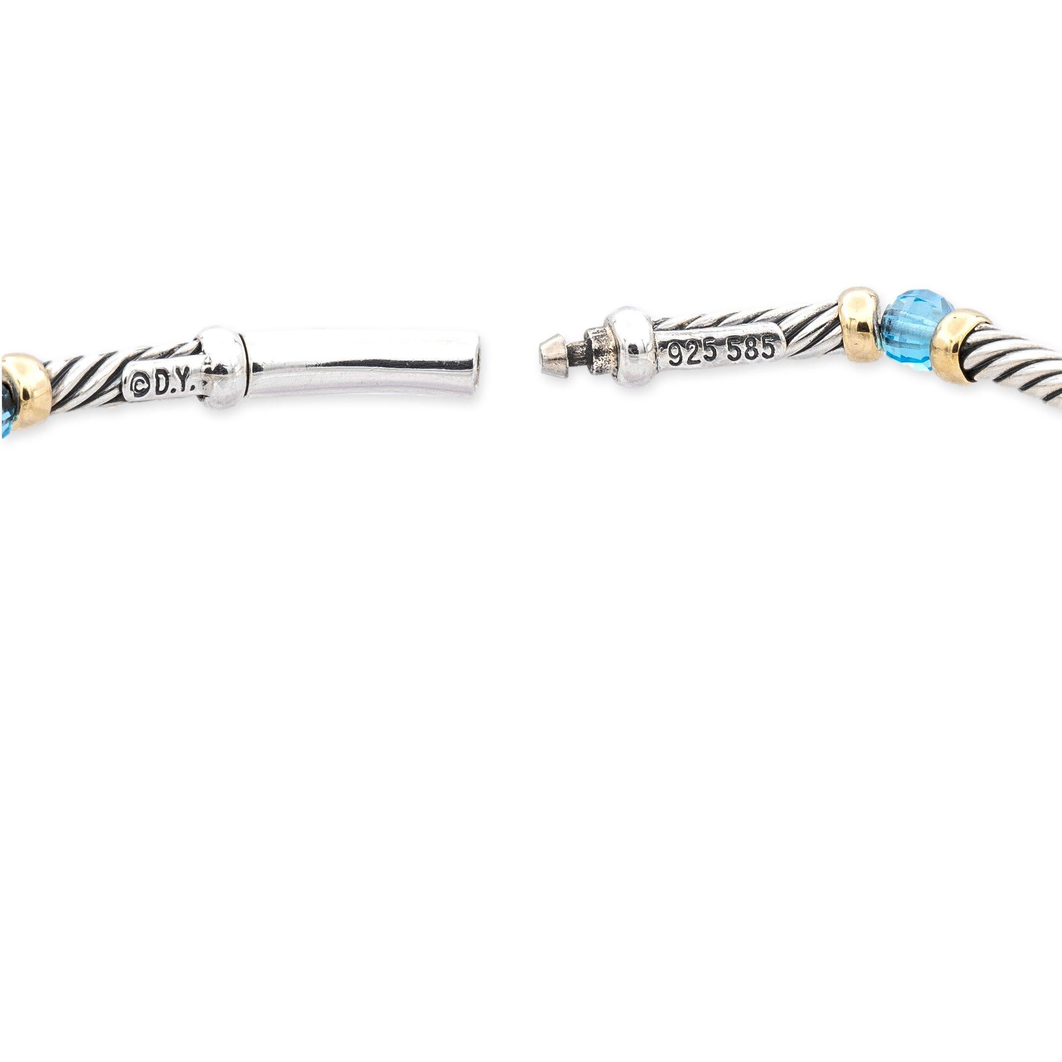Contemporary David Yurman Sterling Silver 14K Yellow Gold Blue Topaz Briolette Wire Bracelet