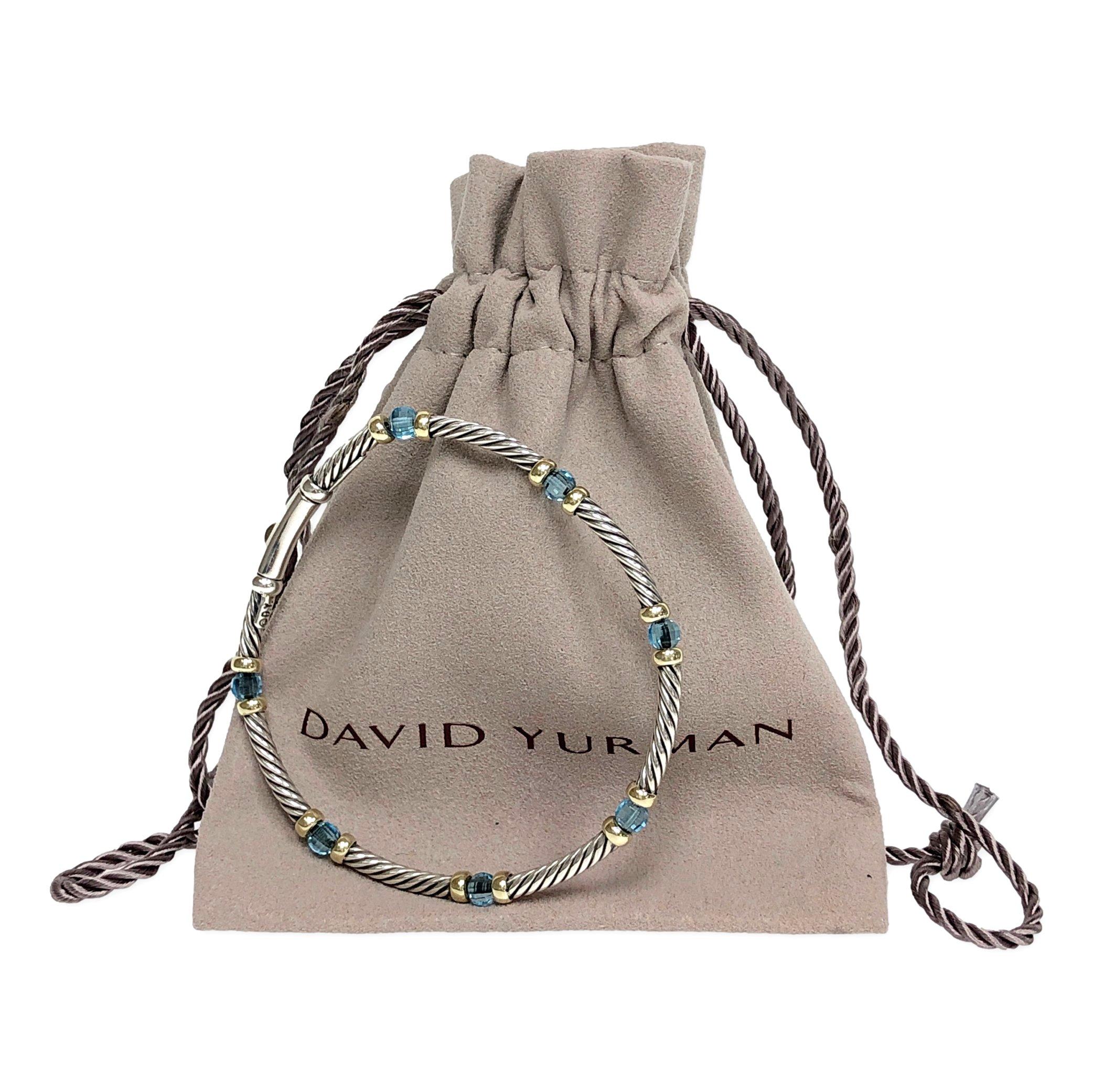 David Yurman Sterling Silver 14K Yellow Gold Blue Topaz Briolette Wire Bracelet In Excellent Condition In New York, NY
