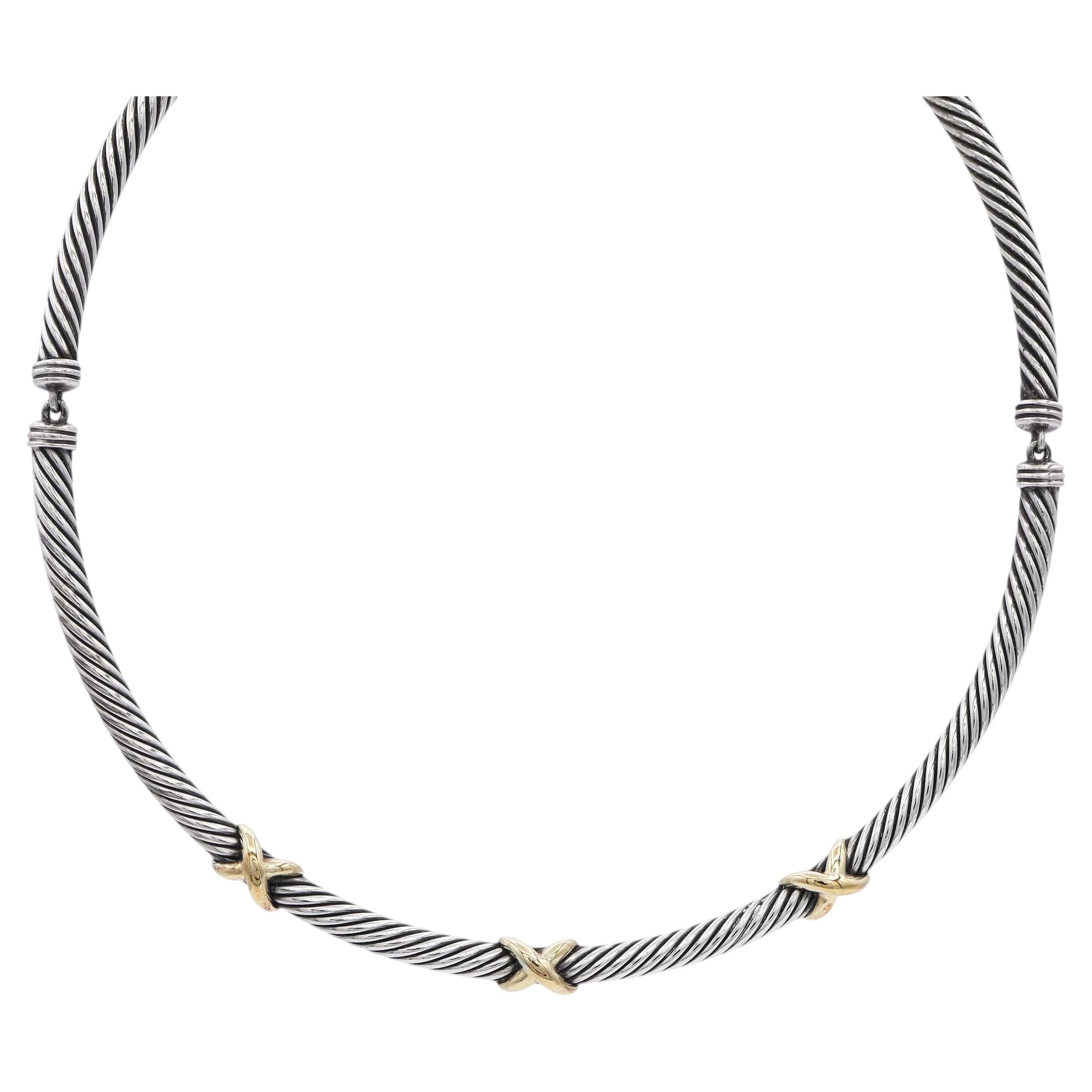 David Yurman Sterling Silver & 14k Yellow Gold Cable Collar Necklace