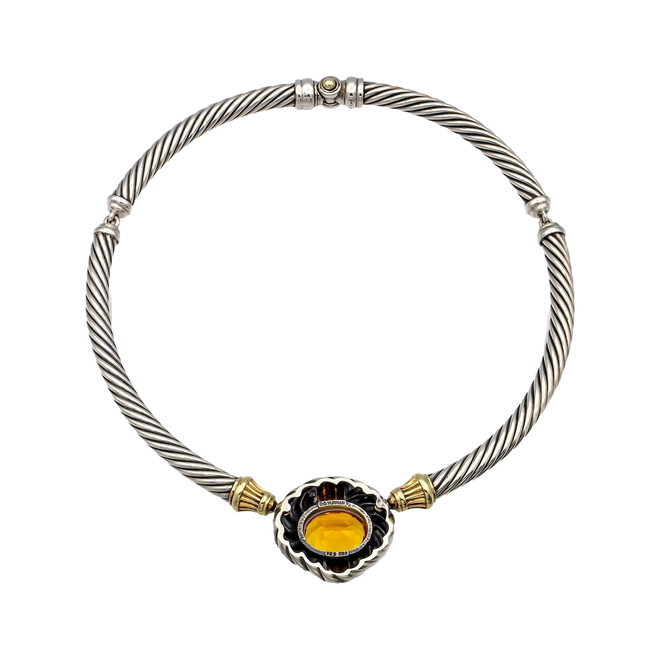 Contemporary David Yurman Sterling Silver 14K Yellow Gold Cable Necklace Oval Citrine Center For Sale