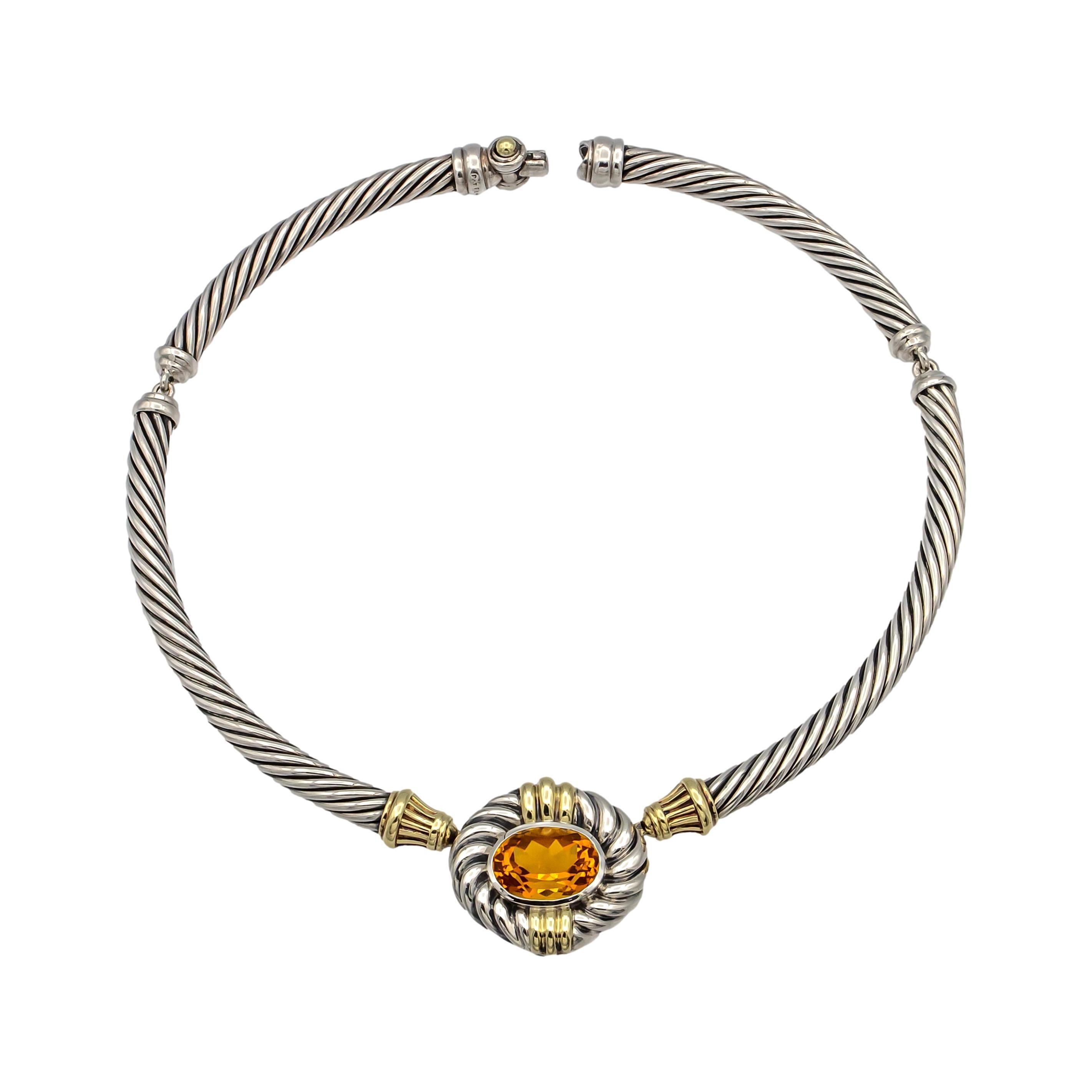 Women's David Yurman Sterling Silver 14K Yellow Gold Cable Necklace Oval Citrine Center For Sale