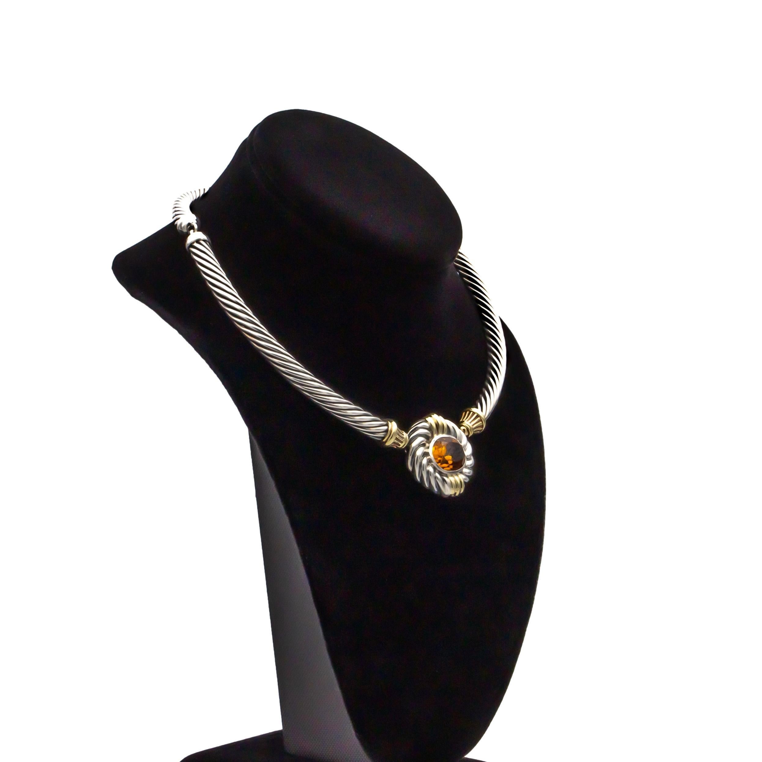 David Yurman Sterling Silver 14K Yellow Gold Cable Necklace Oval Citrine Center For Sale 1