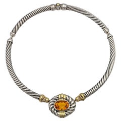 David Yurman Sterling Silver 14K Yellow Gold Cable Necklace Oval Citrine Center