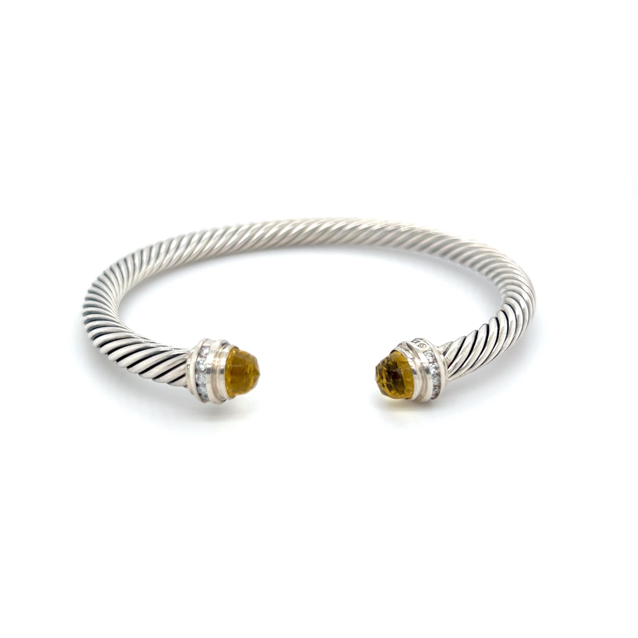David Yurman Sterling Silver 14K Yellow Gold Citrine 5mm Cable Bangle Bracelet In Excellent Condition For Sale In Boca Raton, FL