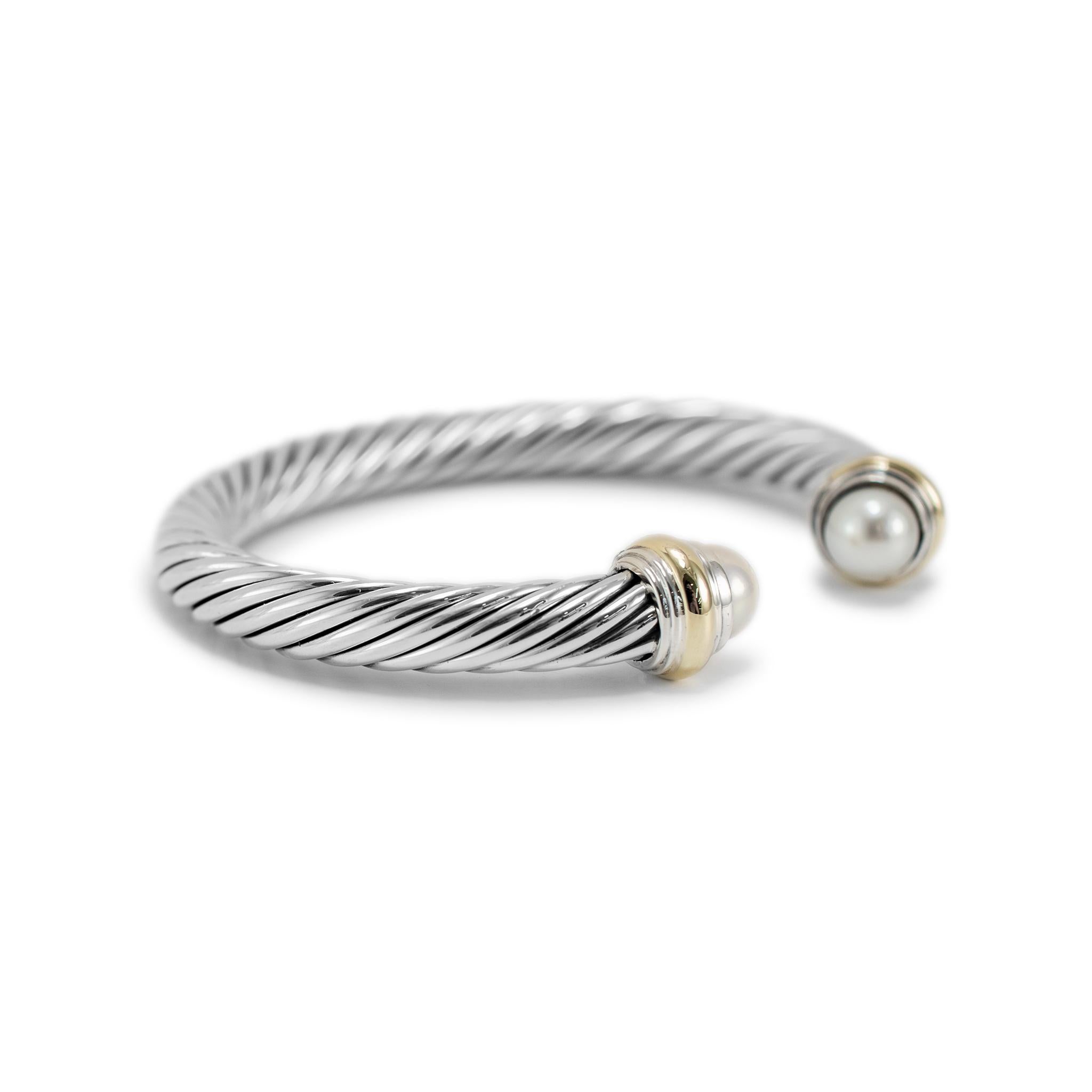 Round Cut David Yurman Sterling Silver & 14K Yellow Gold Classic Cable Pearl Cuff Bracelet