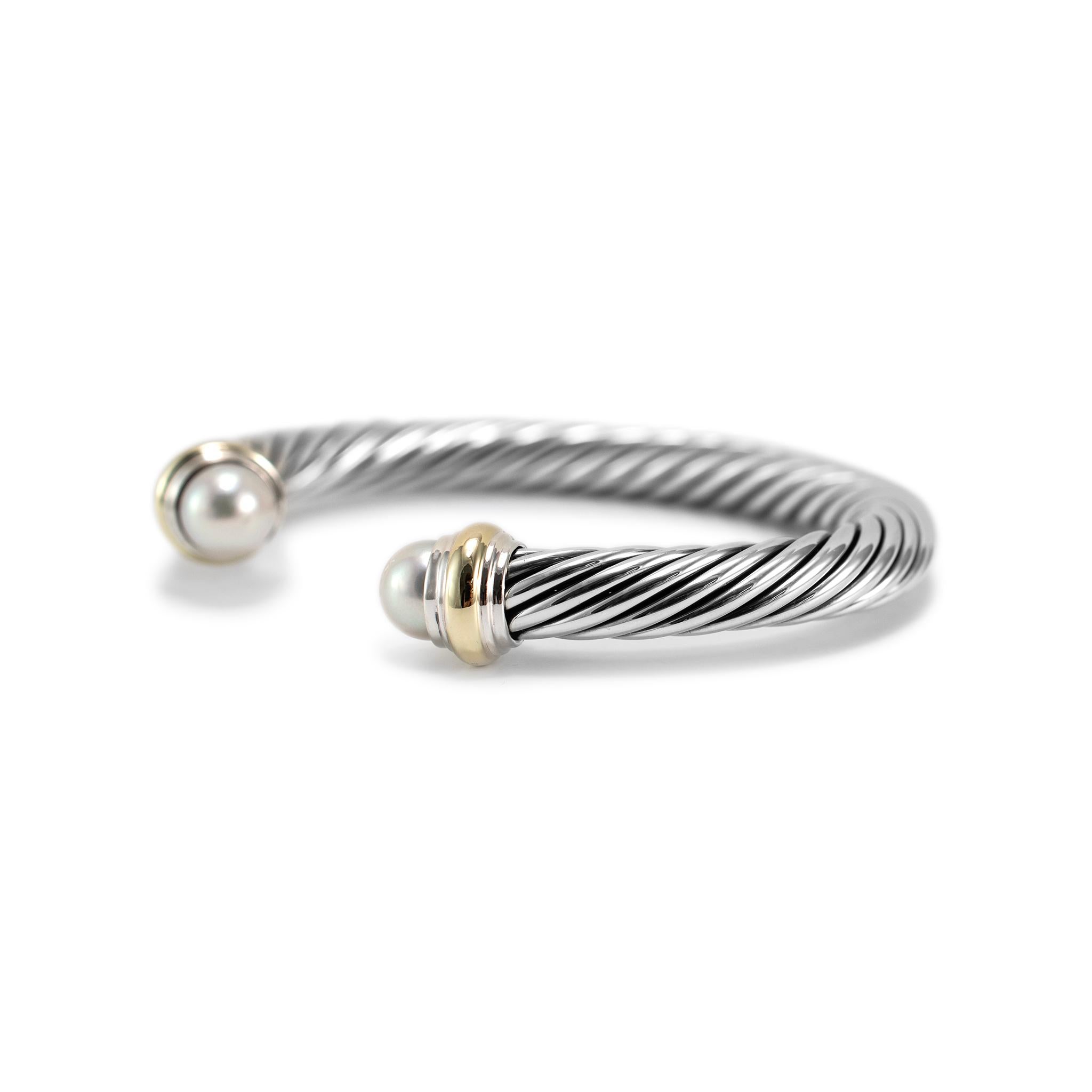 Round Cut David Yurman Sterling Silver & 14K Yellow Gold Classic Cable Pearl Cuff Bracelet
