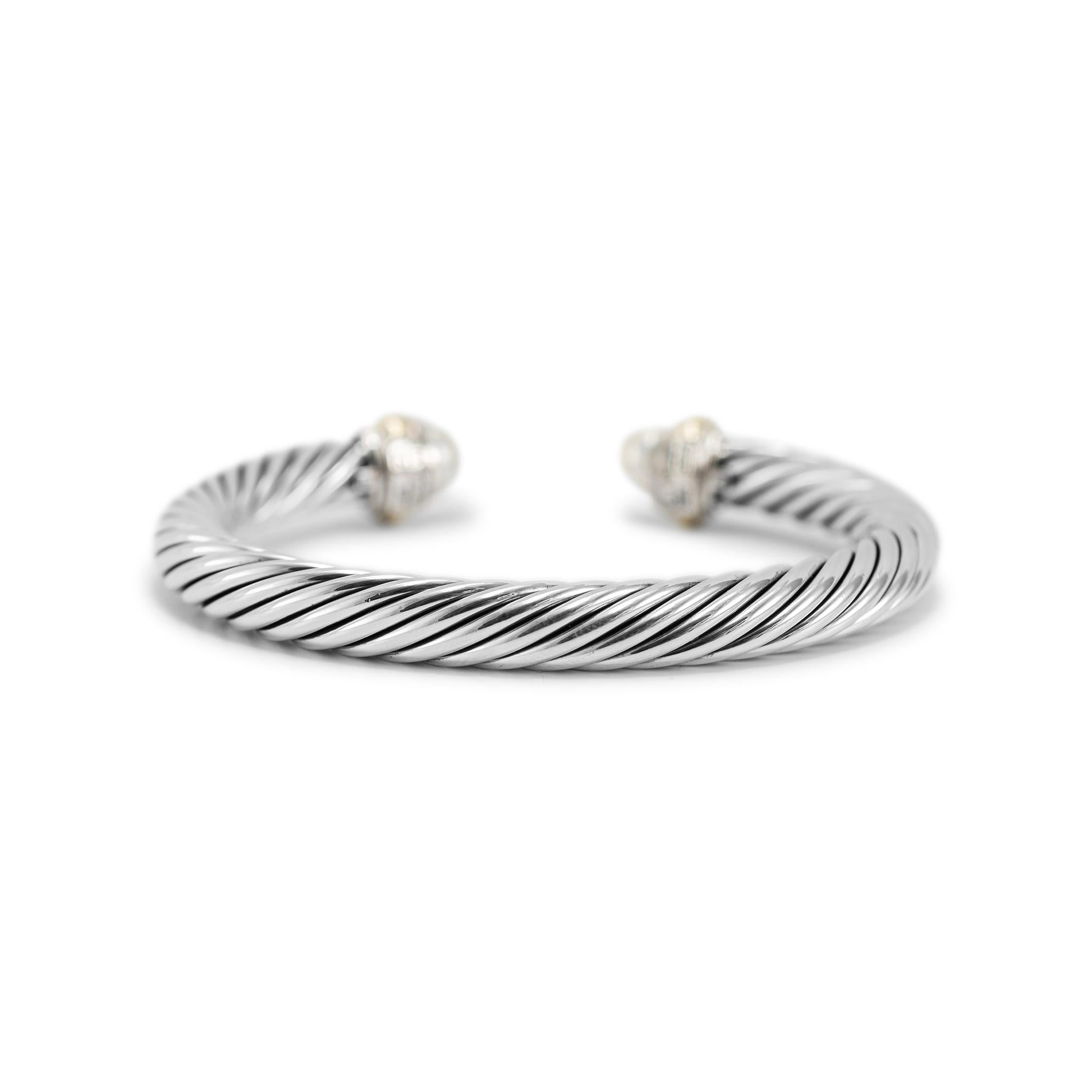 David Yurman Sterling Silver & 14K Yellow Gold Classic Cable Pearl Cuff Bracelet In Excellent Condition In Houston, TX