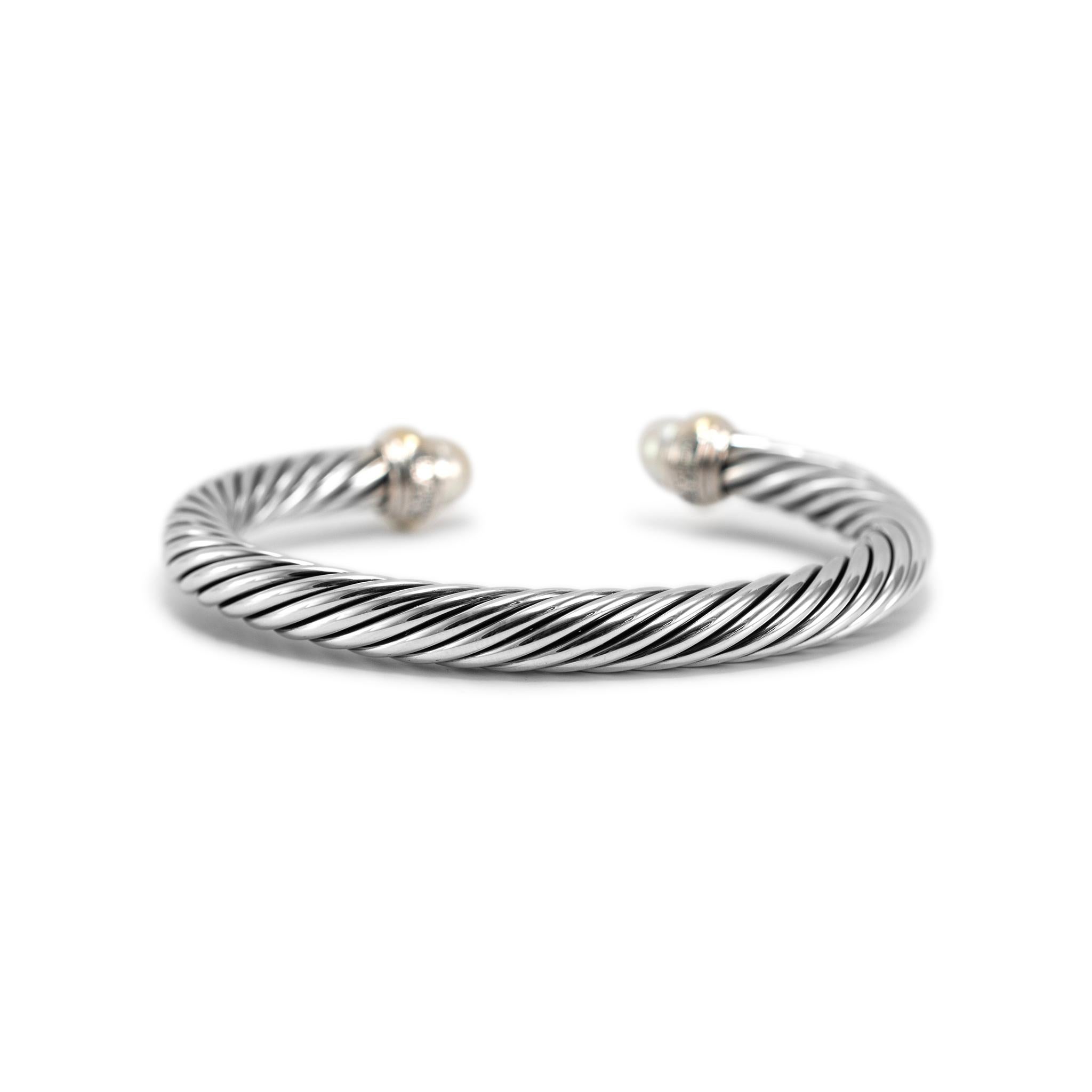 David Yurman Sterling Silver & 14K Yellow Gold Classic Cable Pearl Cuff Bracelet In Excellent Condition In Houston, TX