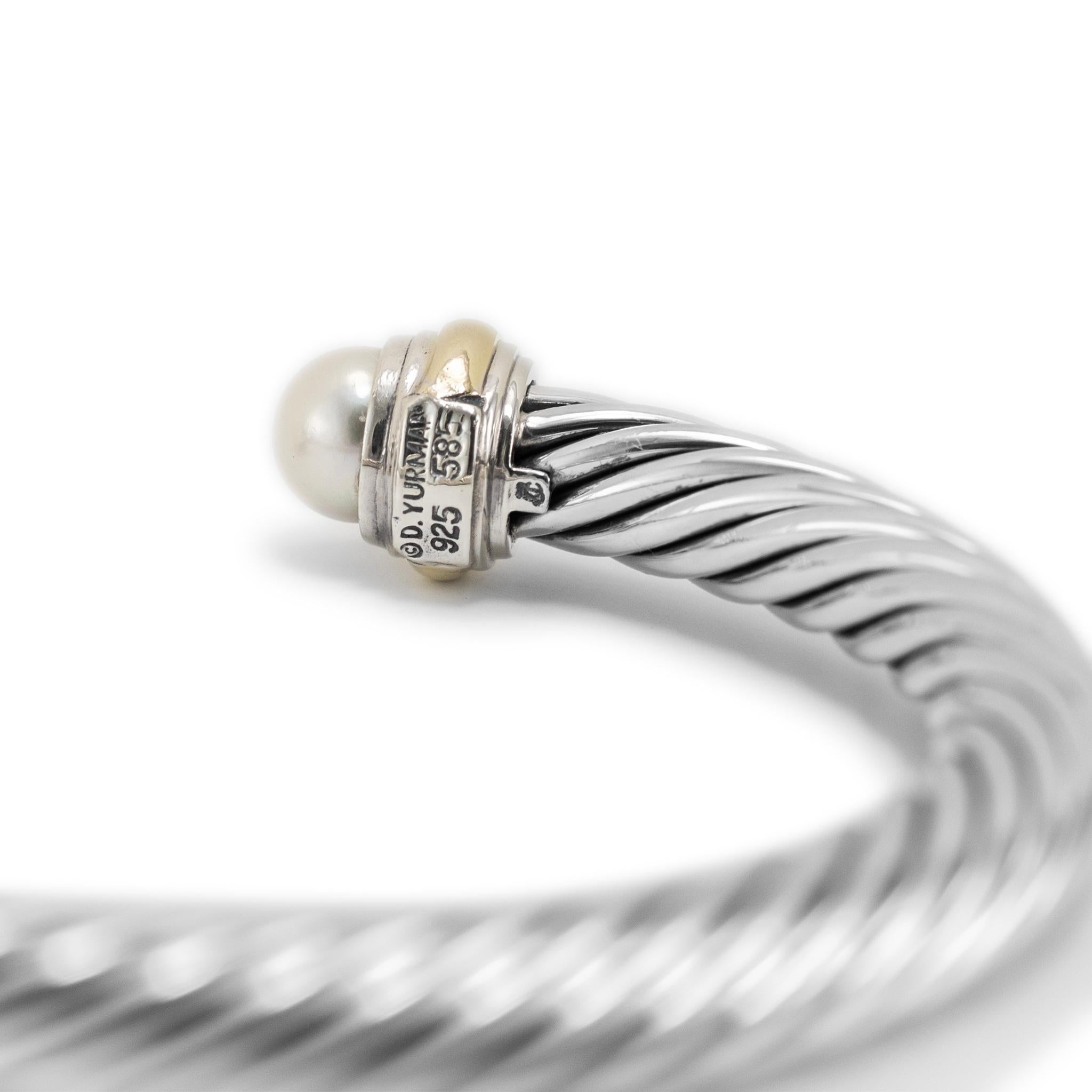 Women's David Yurman Sterling Silver & 14K Yellow Gold Classic Cable Pearl Cuff Bracelet