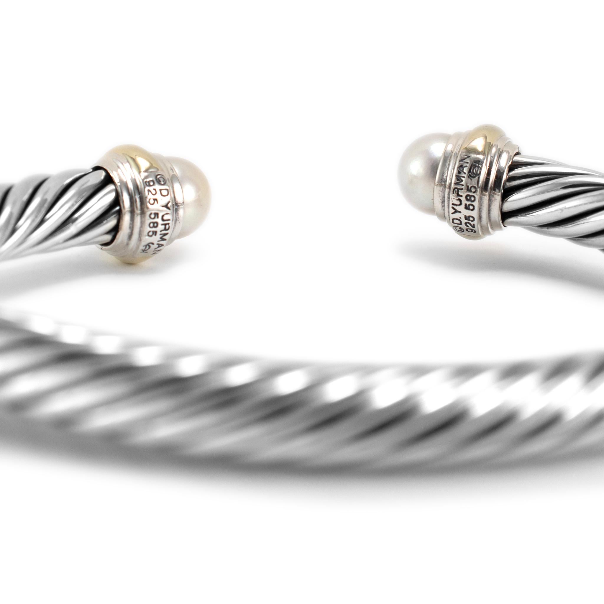 Women's David Yurman Sterling Silver & 14K Yellow Gold Classic Cable Pearl Cuff Bracelet