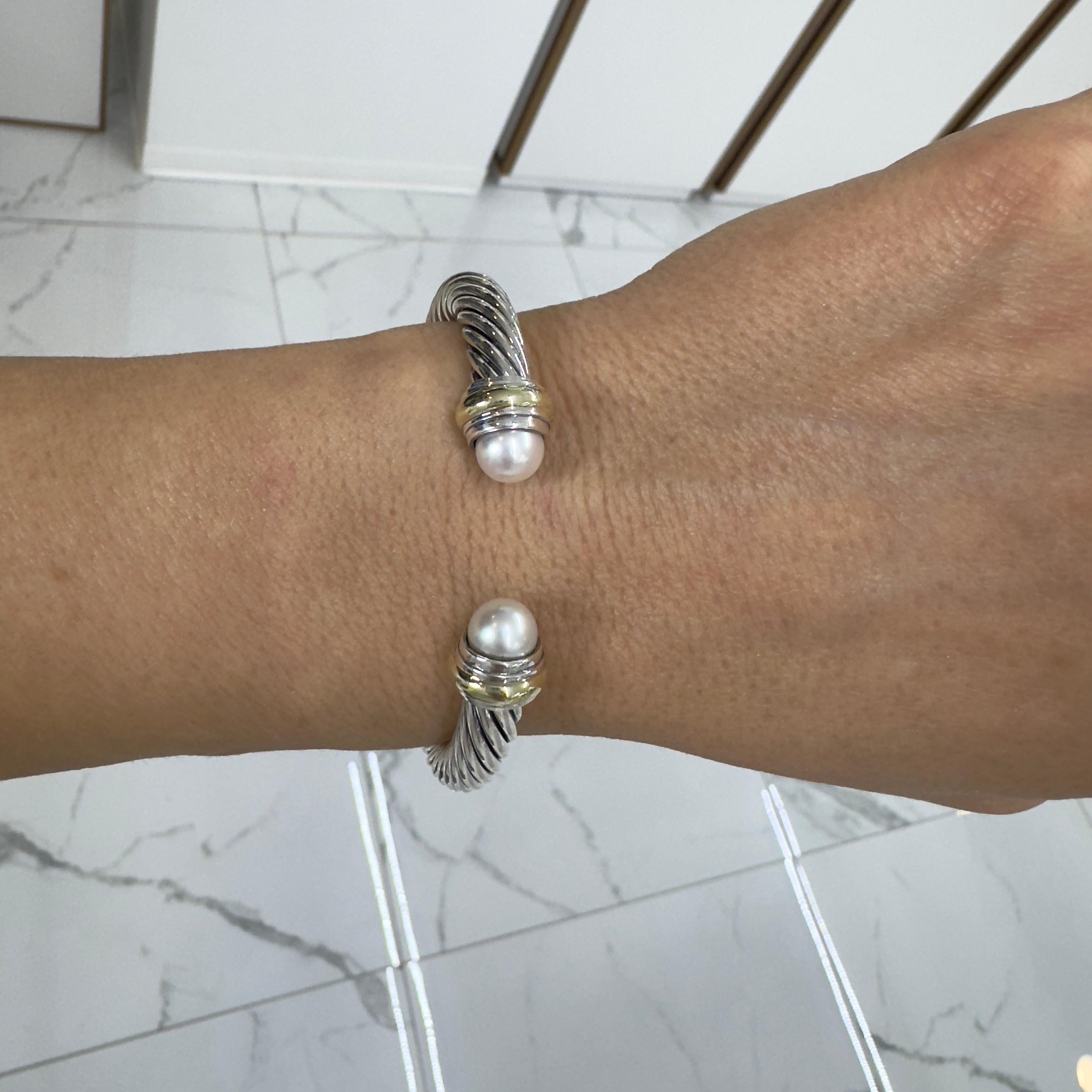 David Yurman Sterling Silver & 14K Yellow Gold Classic Cable Pearl Cuff Bracelet 1