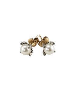 Pendientes de botón de David Yurman en plata de ley y oro amarillo de 14 quilates con diamantes y perlas, n.º 25713
