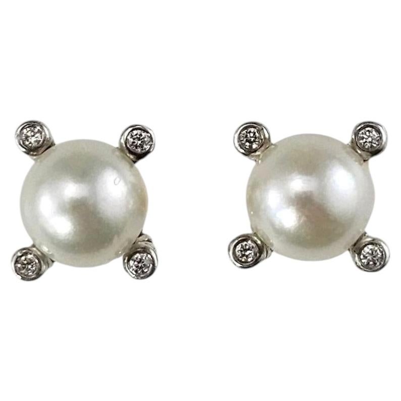 Pre-owned David Yurman Sterling Silver 14k Yellow Gold Diamond Pearl Stud Earrings #25713