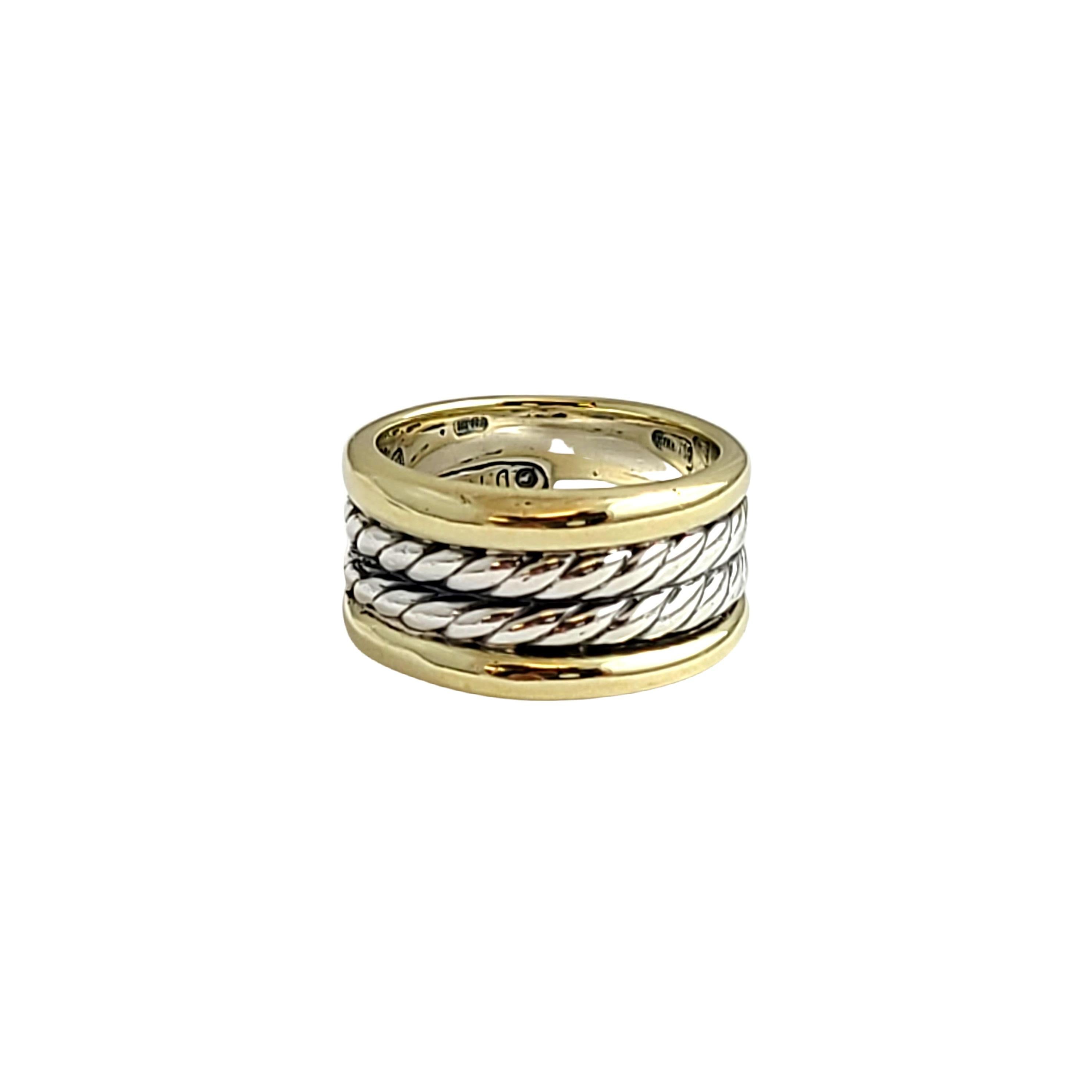 Sterling silver and 14K yellow gold Double Cable Row Origami band ring by David Yurman

Size 6.25

This band is by David Yurman, it features 2 rows of sterling silver cables with 14K yellow gold accent edges.

Measures approx 3/8