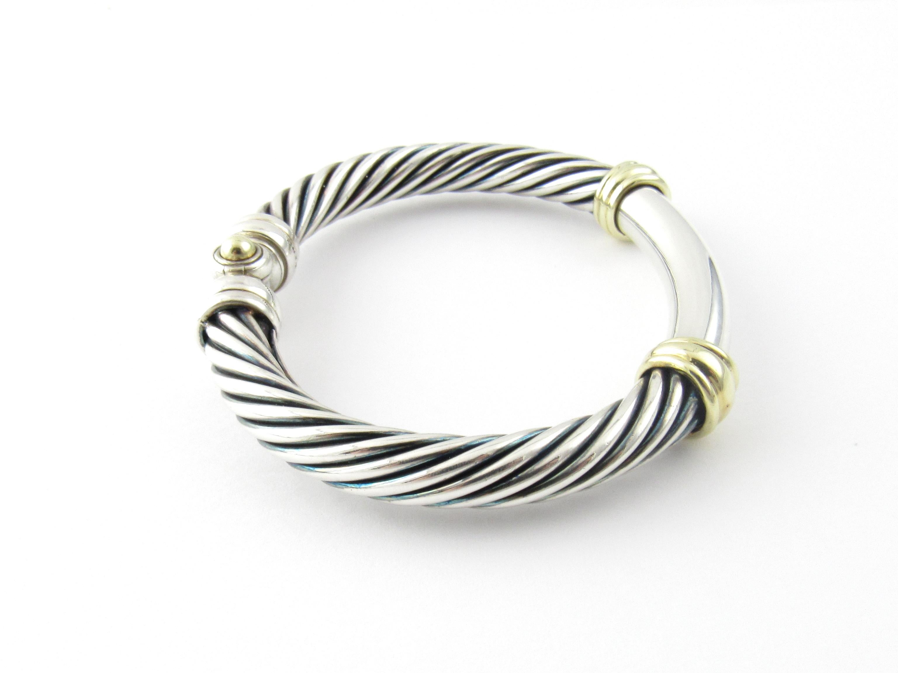 David Yurman Sterling Silver 14 Karat Yellow Gold Hinged Cable Bangle Bracelet In Good Condition In Washington Depot, CT