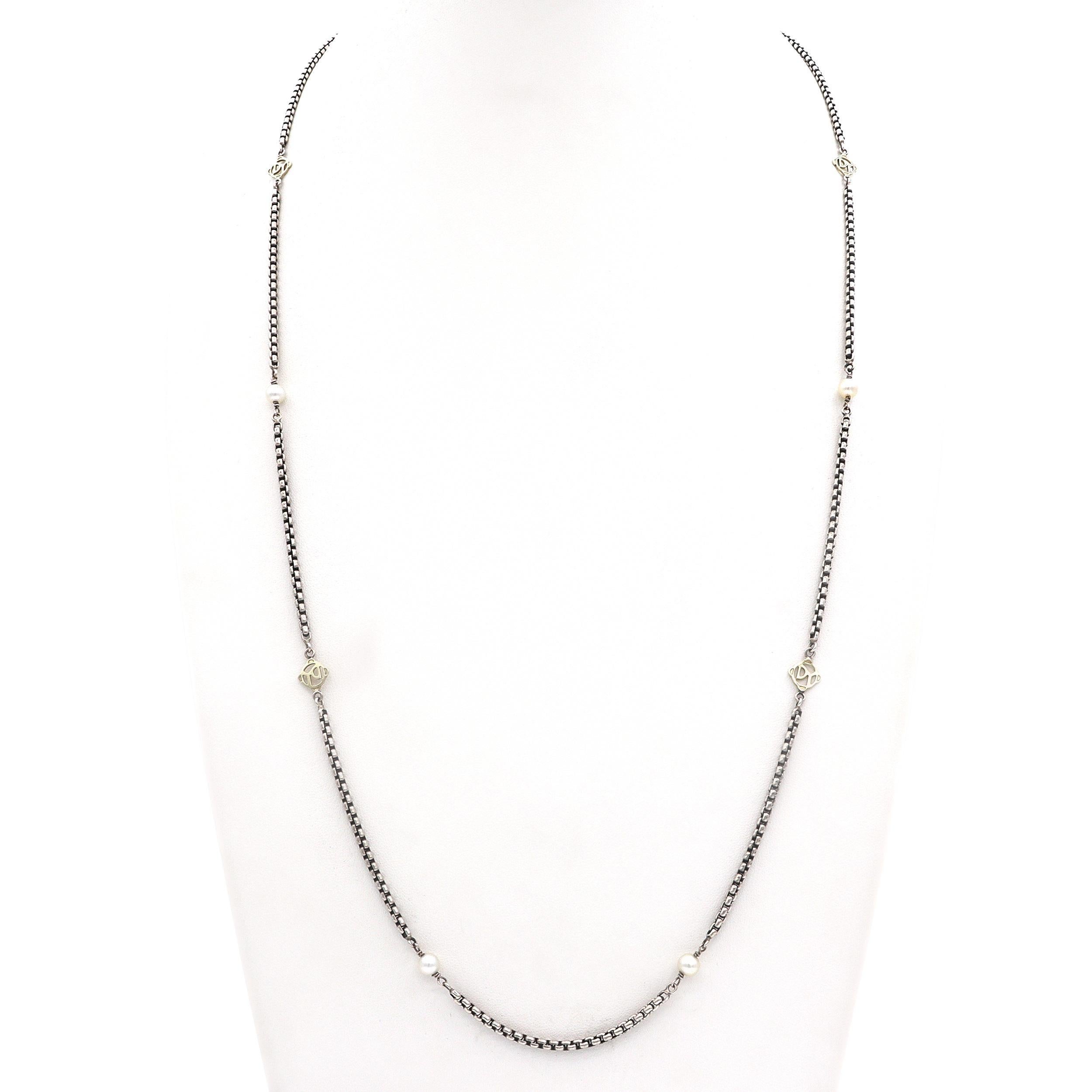 Contemporaneo David Yurman - Collana con catena a scatola di perle in argento 925 e oro giallo 14 carati in vendita