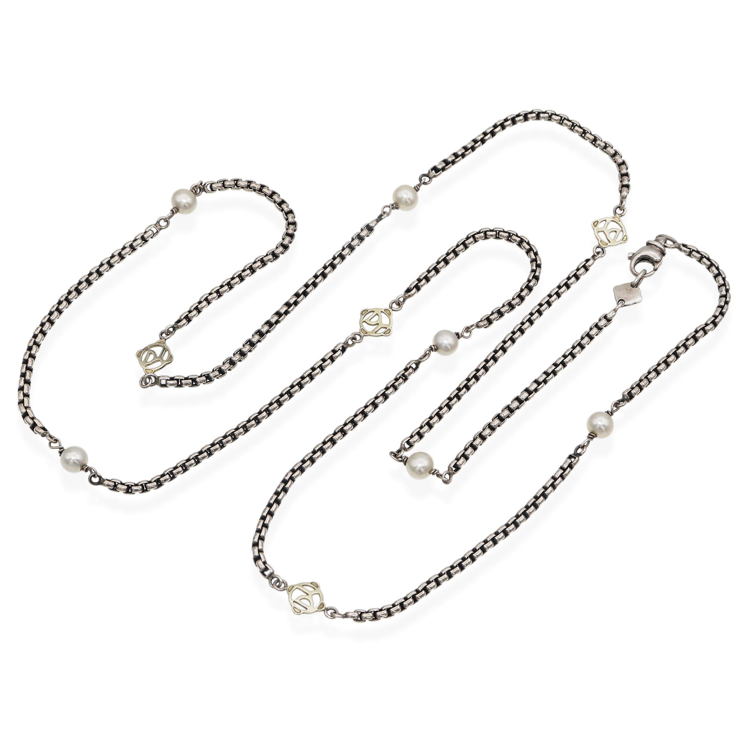 David Yurman - Collana con catena a scatola di perle in argento 925 e oro giallo 14 carati In condizioni buone in vendita a New York, NY