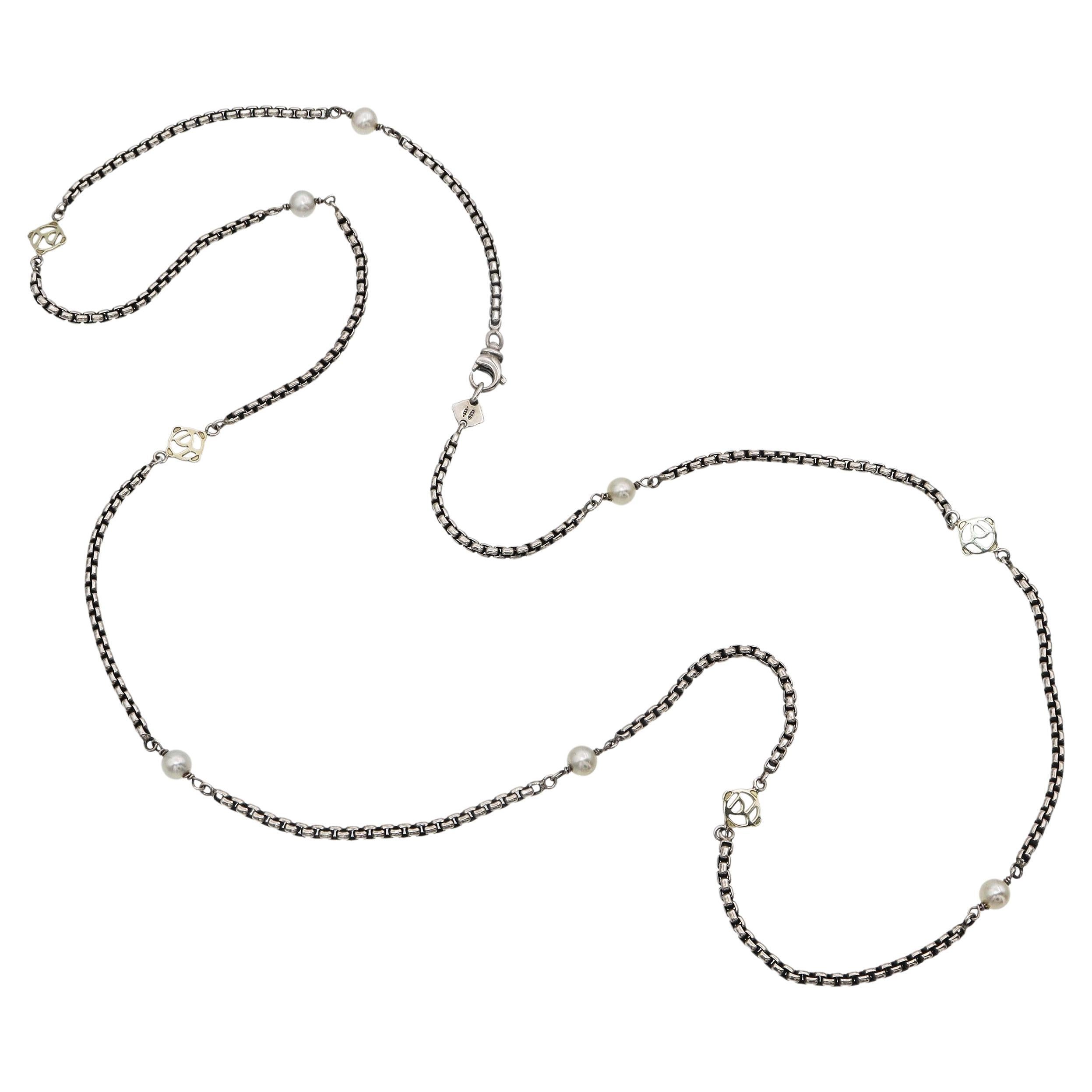 David Yurman - Collana con catena a scatola di perle in argento 925 e oro giallo 14 carati