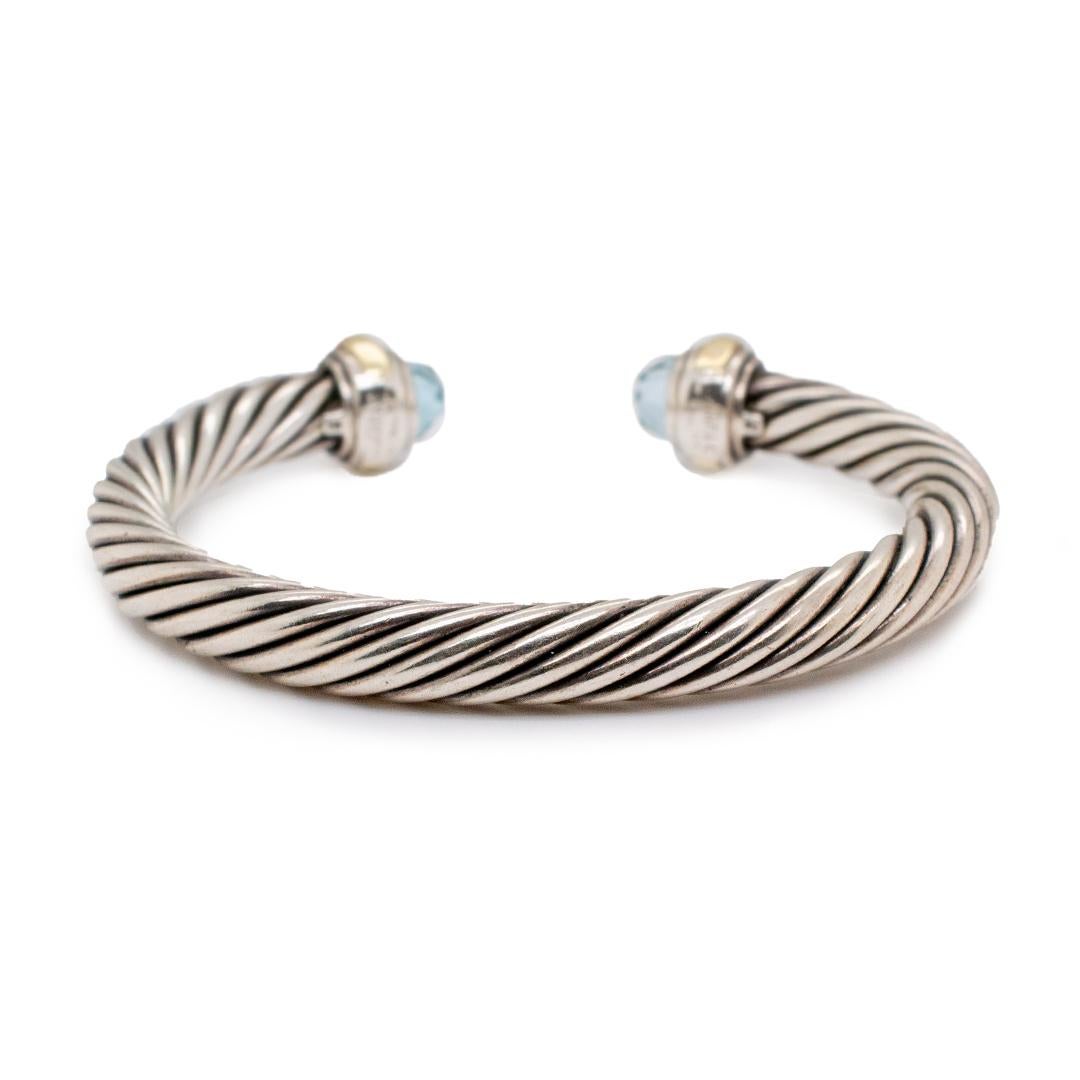 David Yurman Sterling Silver & 14K Yellow Gold Blue Topaz Cable Classic Bracelet In Excellent Condition In Houston, TX