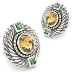 David Yurman Sterling Silver & 14k YG Citrine and Green Tourmaline Disc Earrings