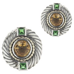 David Yurman Sterling Silver & 14k YG Citrine and Green Tourmaline Disc Earrings