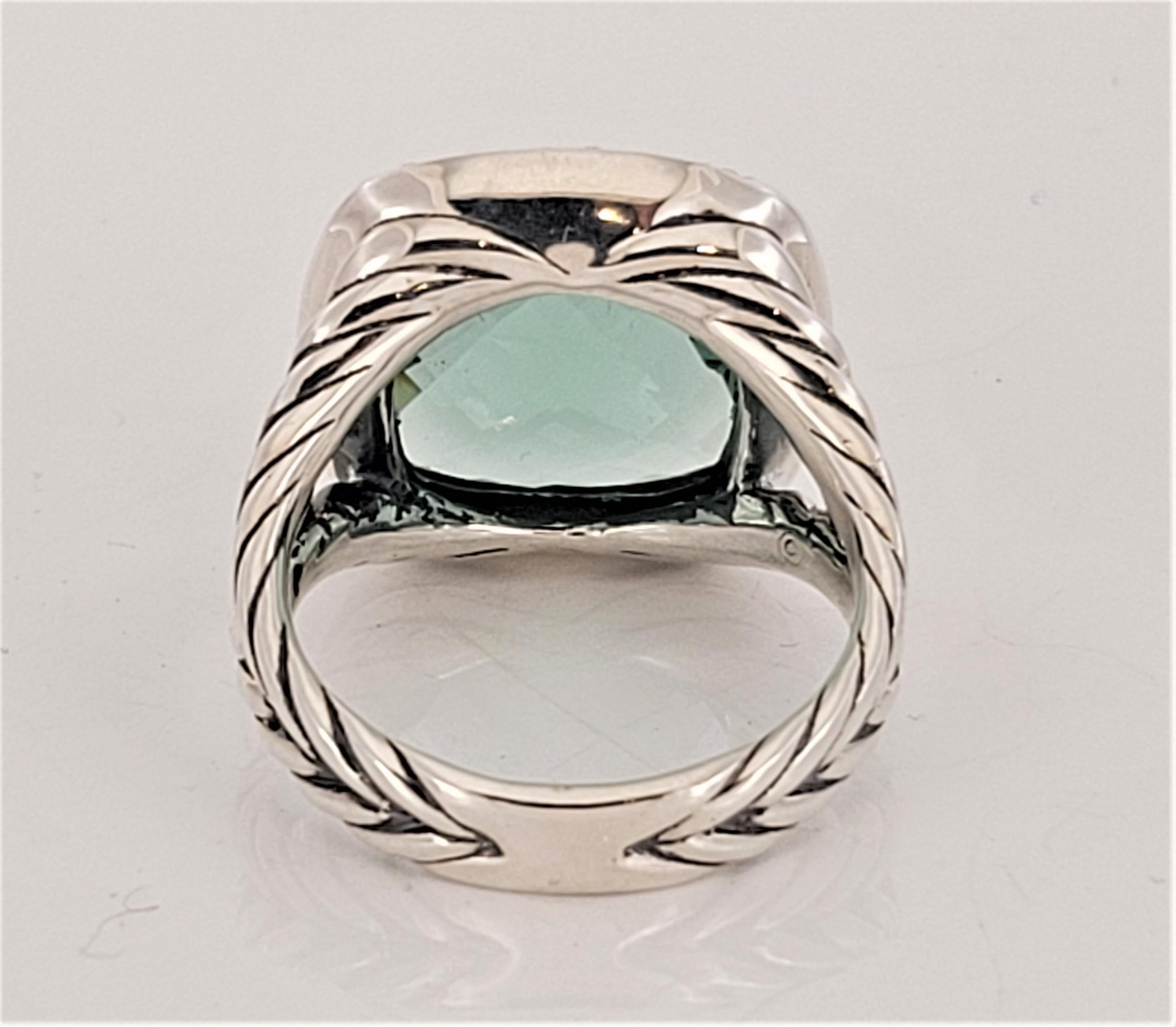 David Yurman Sterling Silver 14mm Prasiolite Diamond Albion Ring Size 8 In New Condition For Sale In New York, NY