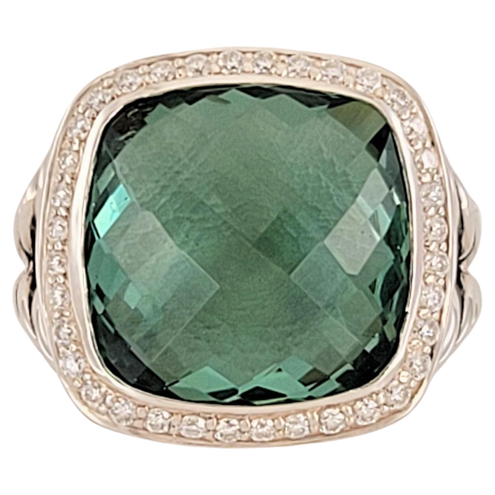 David Yurman Sterling Silver 14mm Prasiolite Diamond Albion Ring Size 8 For Sale