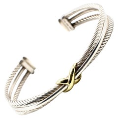 David Yurman Sterling Silver 18 Karat Gold Cable Crossover X Bracelet Bangle