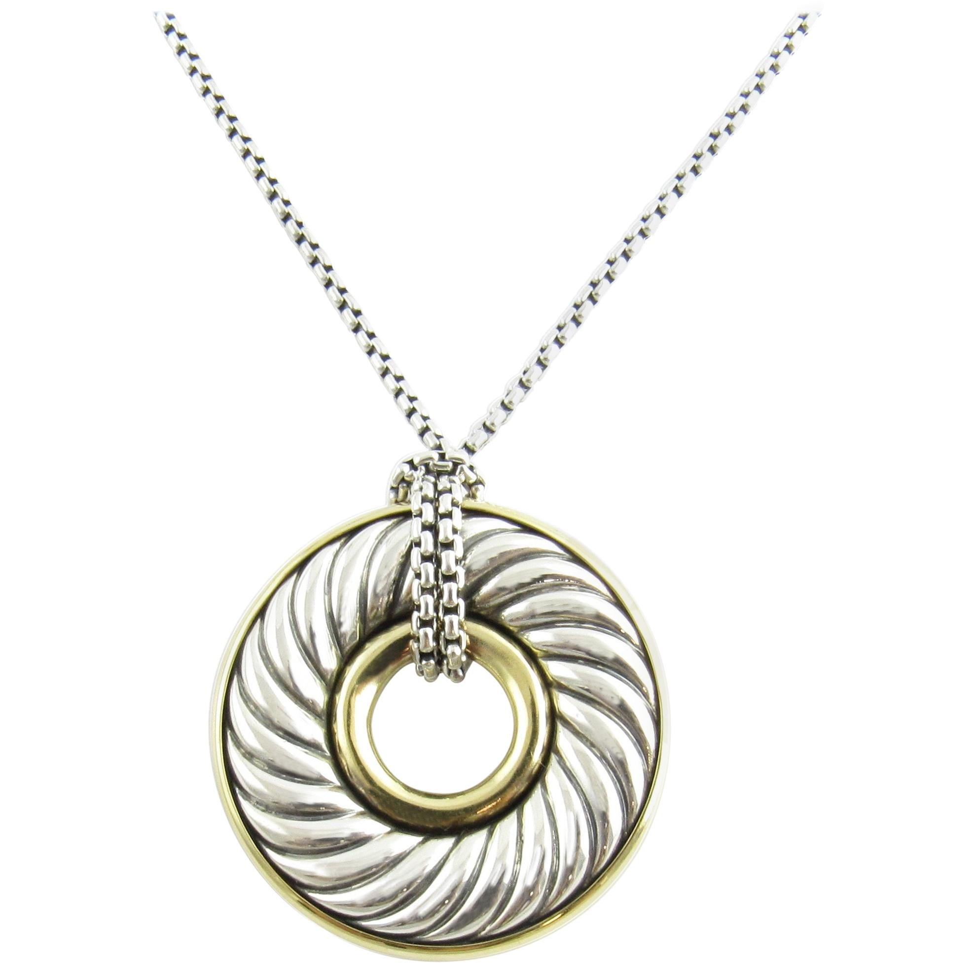 David Yurman Sterling Silver 18 Karat Gold Circle Disc Cable Pendant Necklace