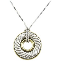 David Yurman Sterling Silver 18 Karat Gold Circle Disc Cable Pendant Necklace