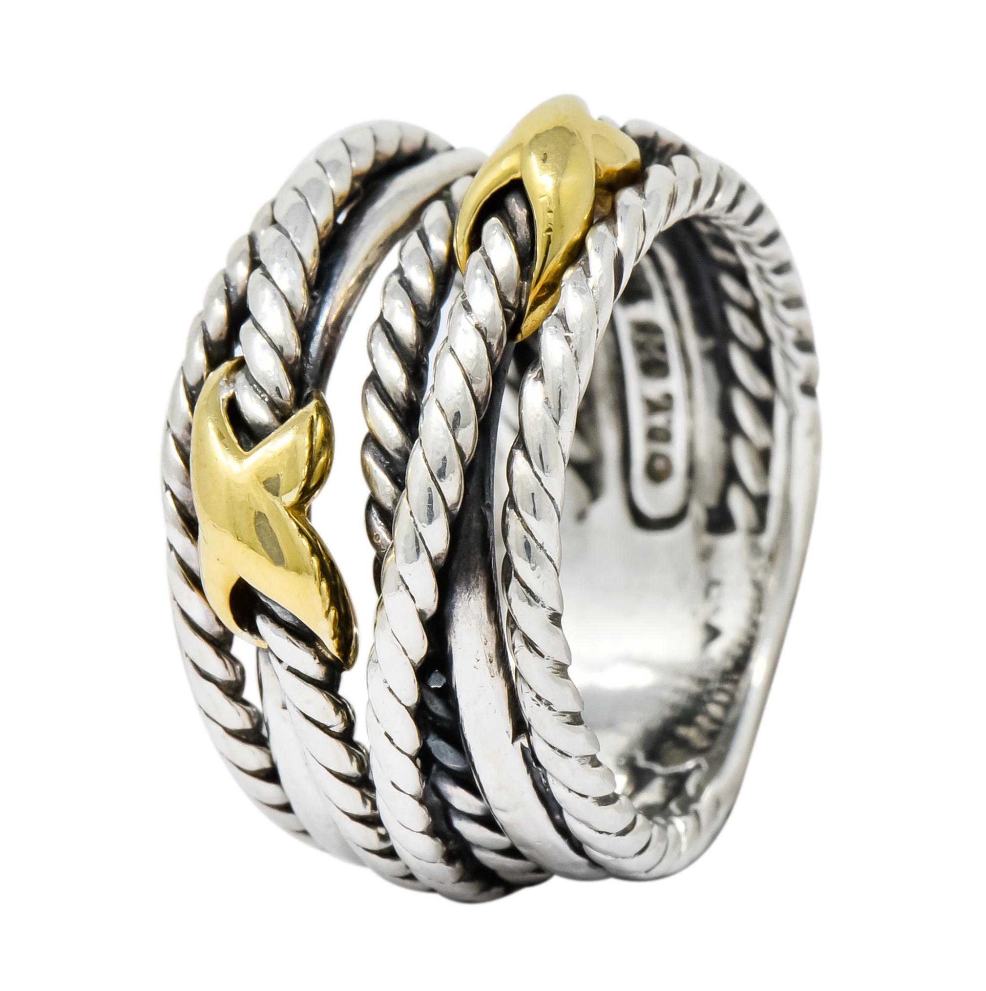 Women's or Men's David Yurman Sterling Silver 18 Karat Gold Double X Crossover Ring