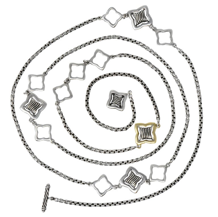 David Yurman Sterling Silver 18 Karat Gold Long Quatrefoil Chain