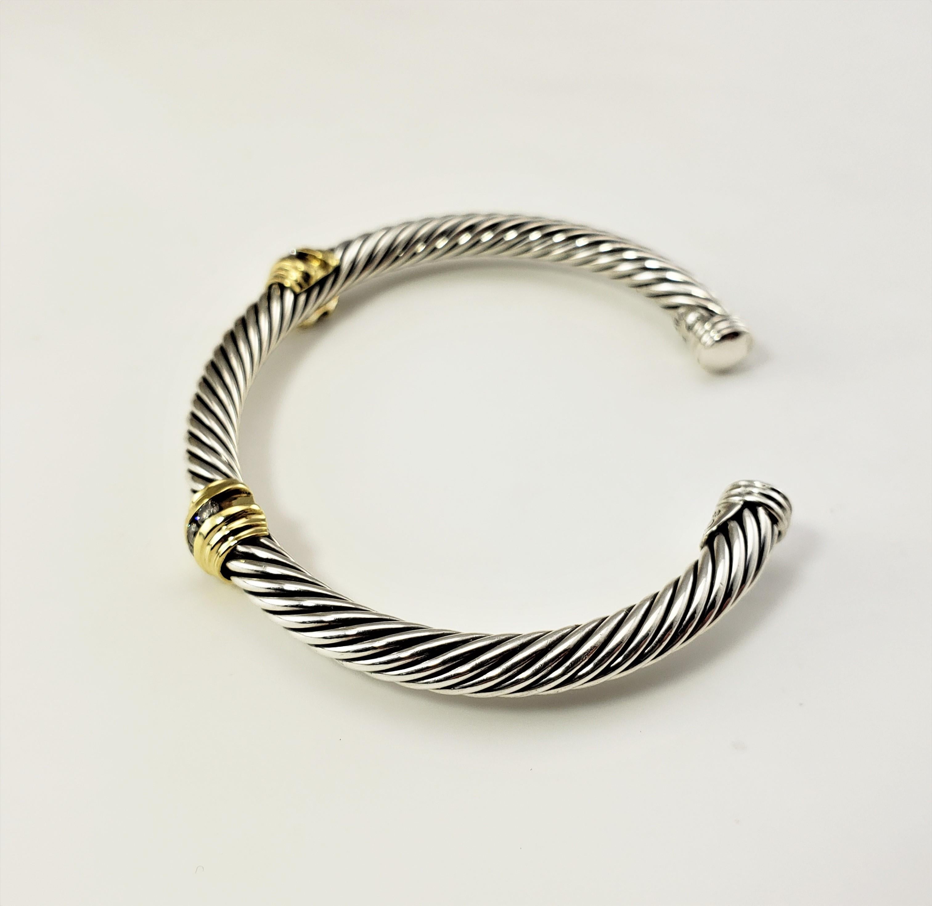 Brilliant Cut David Yurman Sterling Silver/18 Karat Yellow Gold and Diamond Cable Cuff Bracele