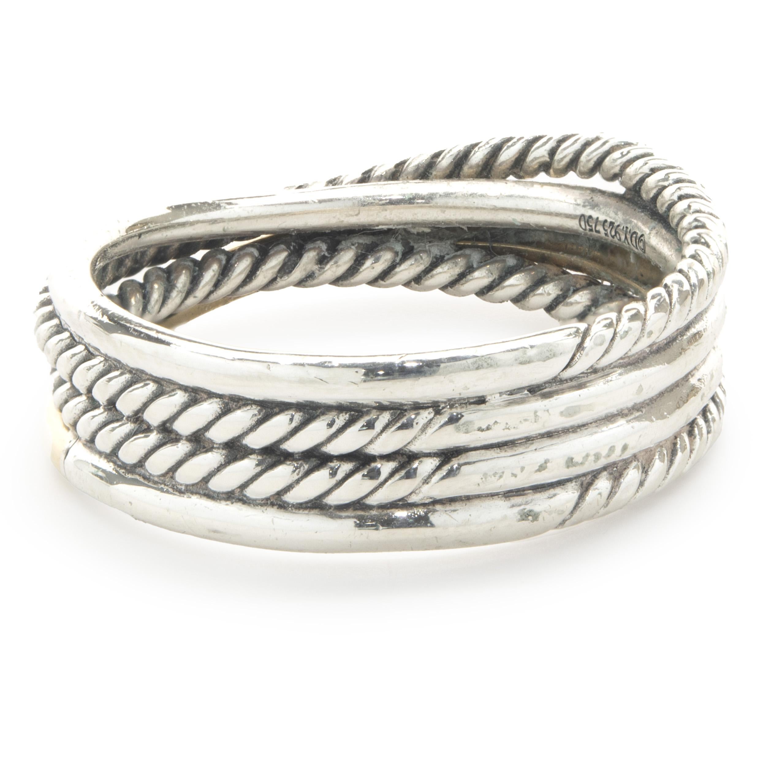 David Yurman Sterling Silver & 18 Karat Yellow Gold Cable Crossover Ring In Excellent Condition In Scottsdale, AZ