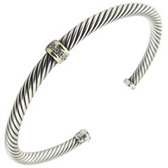 David Yurman Sterling Silver 18 Karat Yellow Gold Diamond Cuff Cable Bracelet