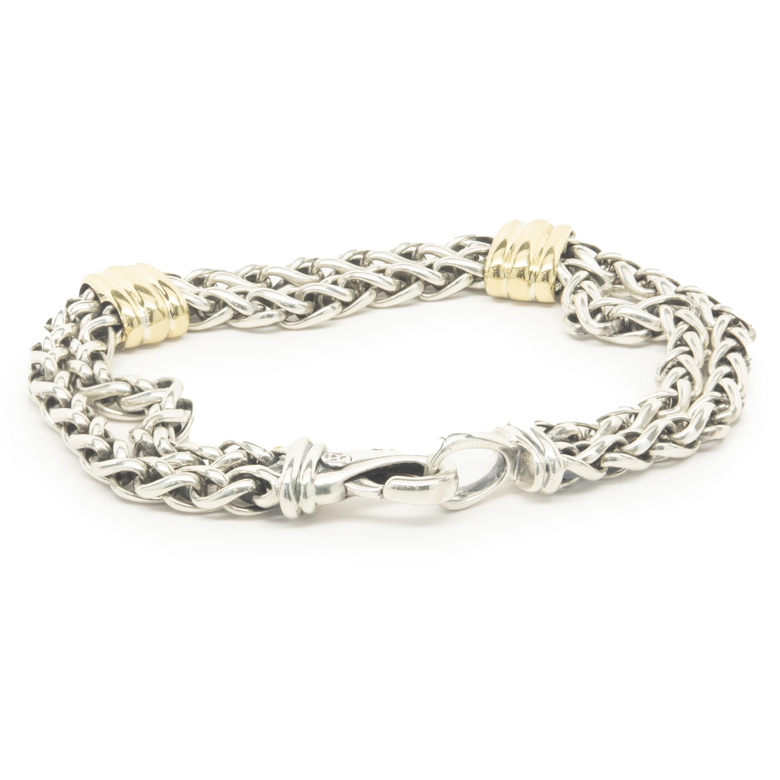 Designer: David Yurman
Material: Sterling Silver / 18K yellow gold
Dimensions: bracelet will fit up to a 8.5-inch wrist
Weight: 42.05 grams
