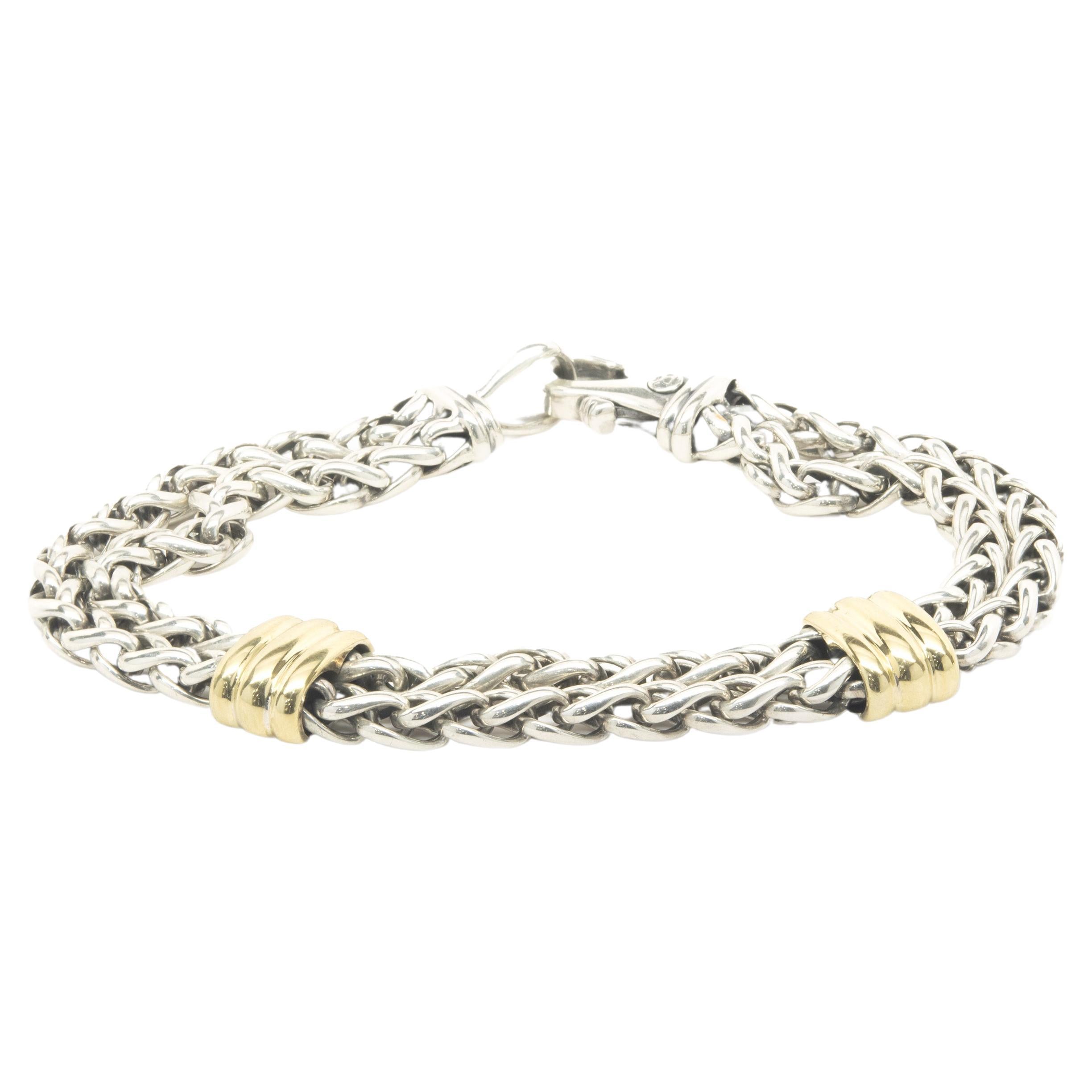 David Yurman SS & 18 Karat Yellow Gold Double Row Bracelet with Ribbed Stations For Sale