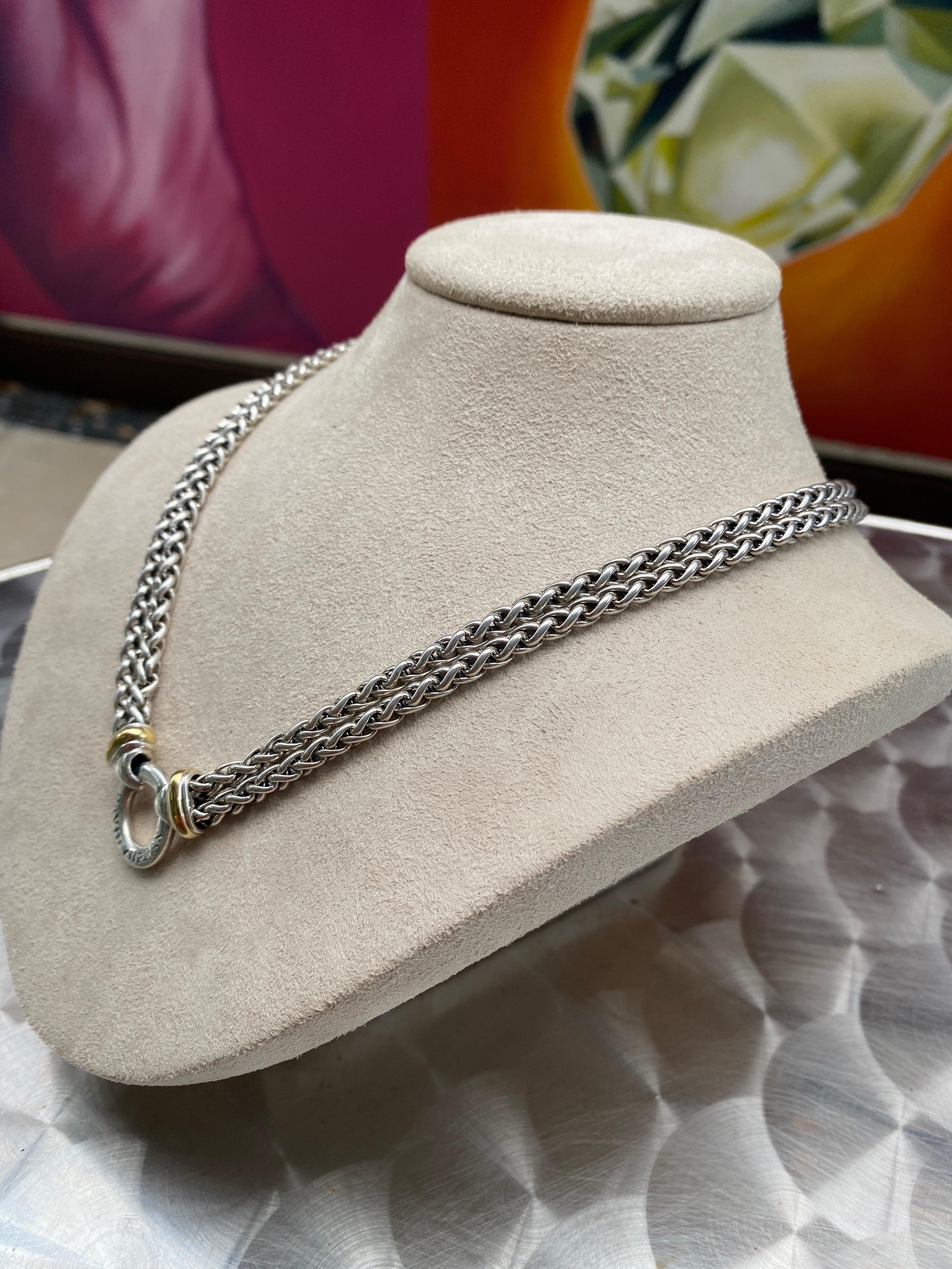 Women's or Men's David Yurman Sterling Silver & 18 Karat Yellow Gold Double Wheat Chain Necklace