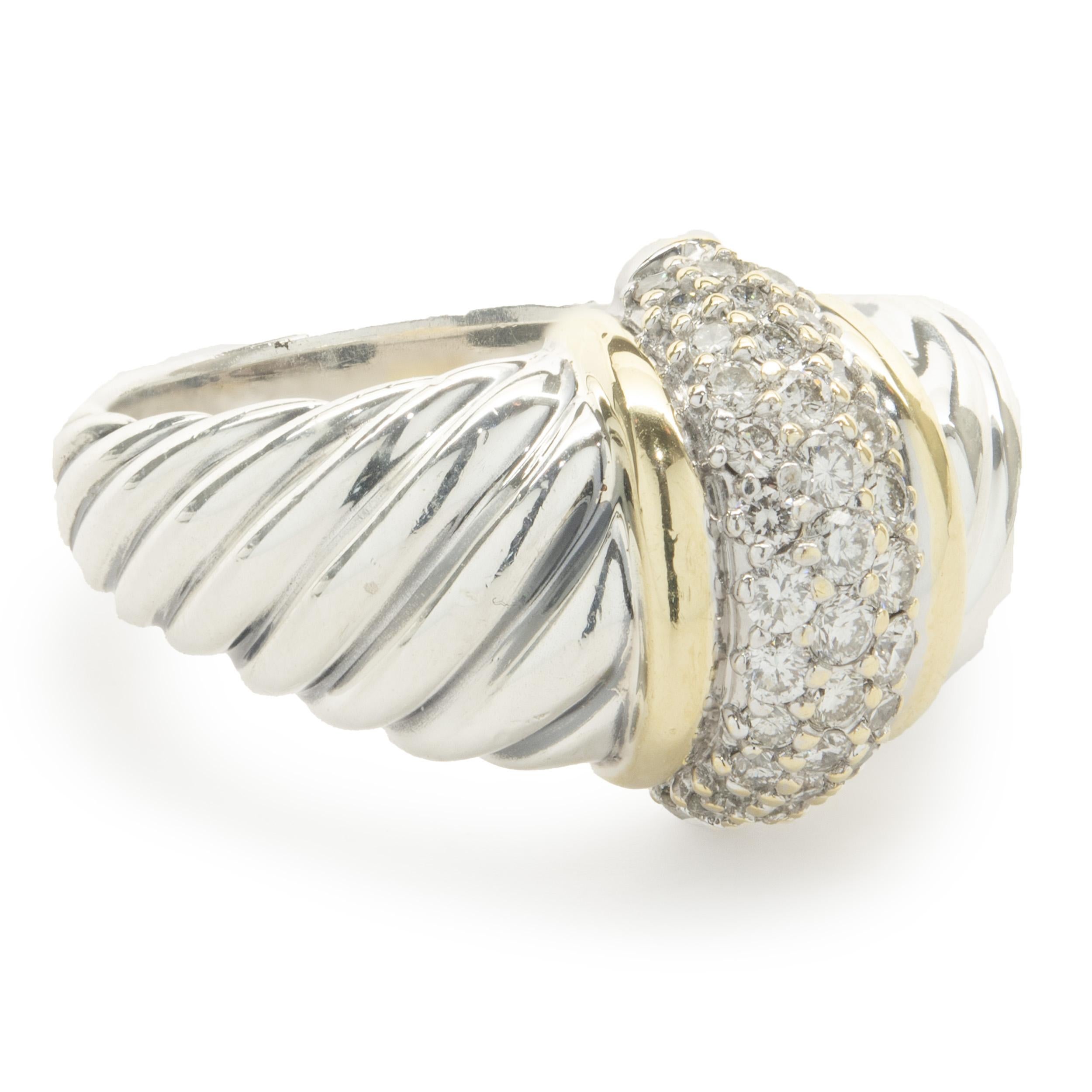 Designer: David Yurman
Material: Sterling Silver / 18K yellow gold
Diamond:  36 round brilliant cut = 0.36cttw
Color: G
Clarity: SI1
Size: 9
Dimensions: ring top measures 14.70mm wide
Weight: 10.47 grams