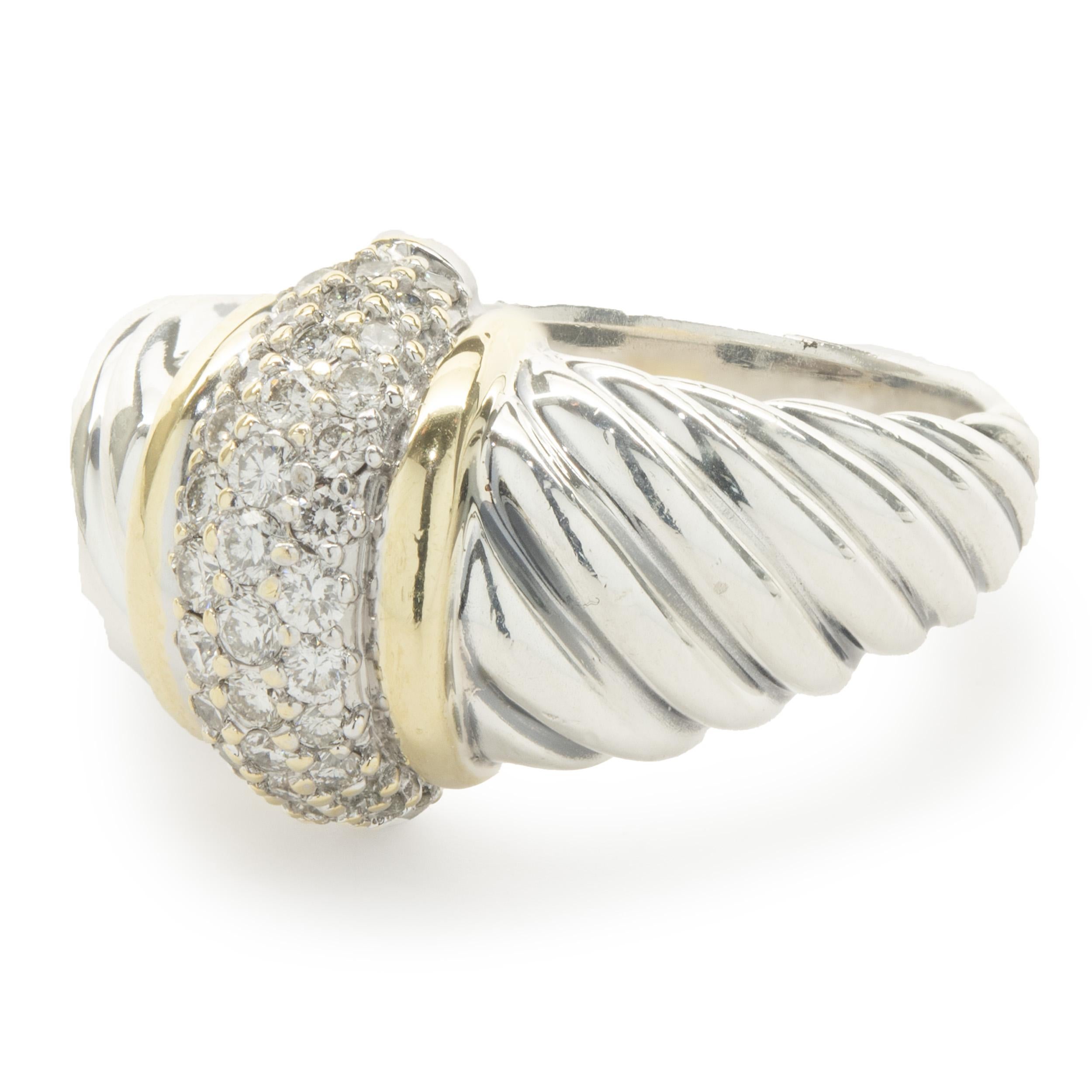 David Yurman Sterling Silver & 18 Karat Yellow Gold Pave Diamond Dome Cable Ring In Excellent Condition In Scottsdale, AZ