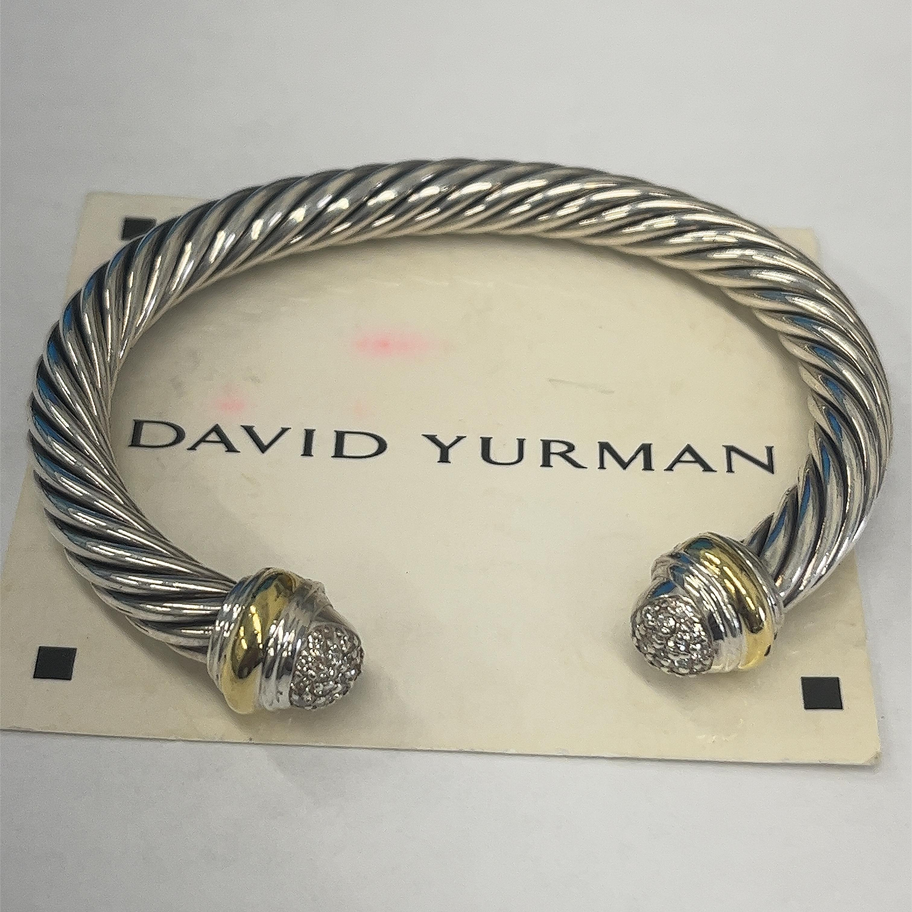 Round Cut David Yurman Sterling Silver 18ct Classic Cable Bangle With Diamond End Caps