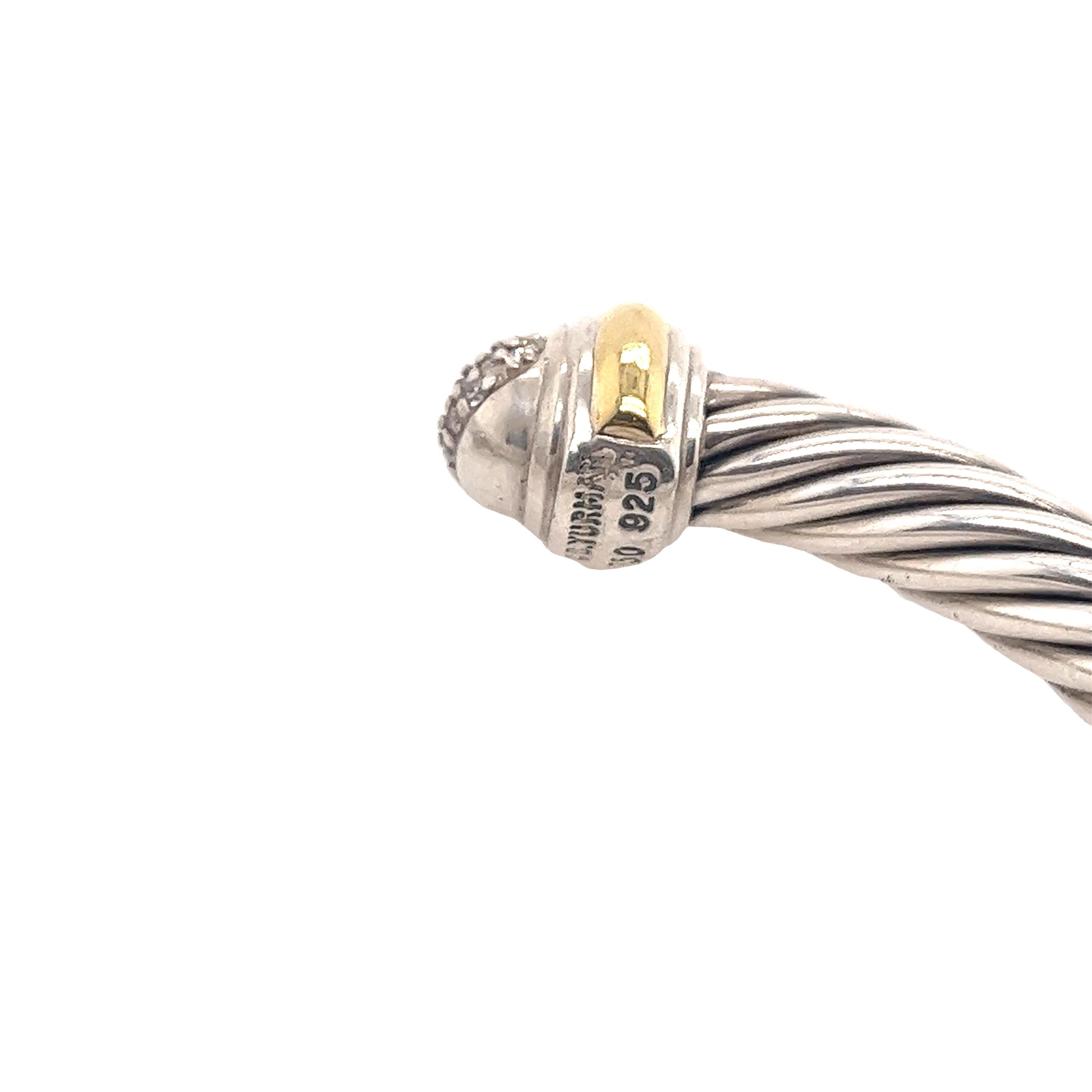 David Yurman Sterling Silver 18ct Classic Cable Bangle With Diamond End Caps In Excellent Condition In London, GB