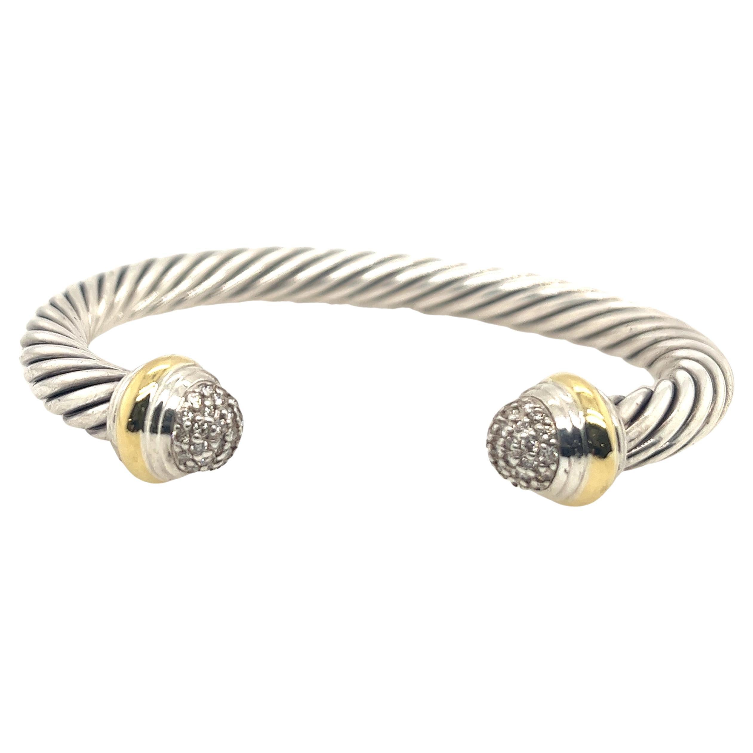 David Yurman Sterling Silver 18ct Classic Cable Bangle With Diamond End Caps