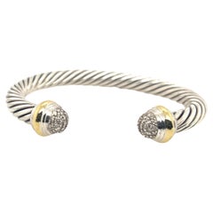 David Yurman Sterling Silver 18ct Classic Cable Bangle With Diamond End Caps