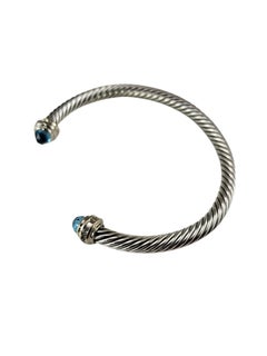 David Yurman Sterling Silver 18K Blue Topaz Diamond Cable Cuff Bracelet #25096