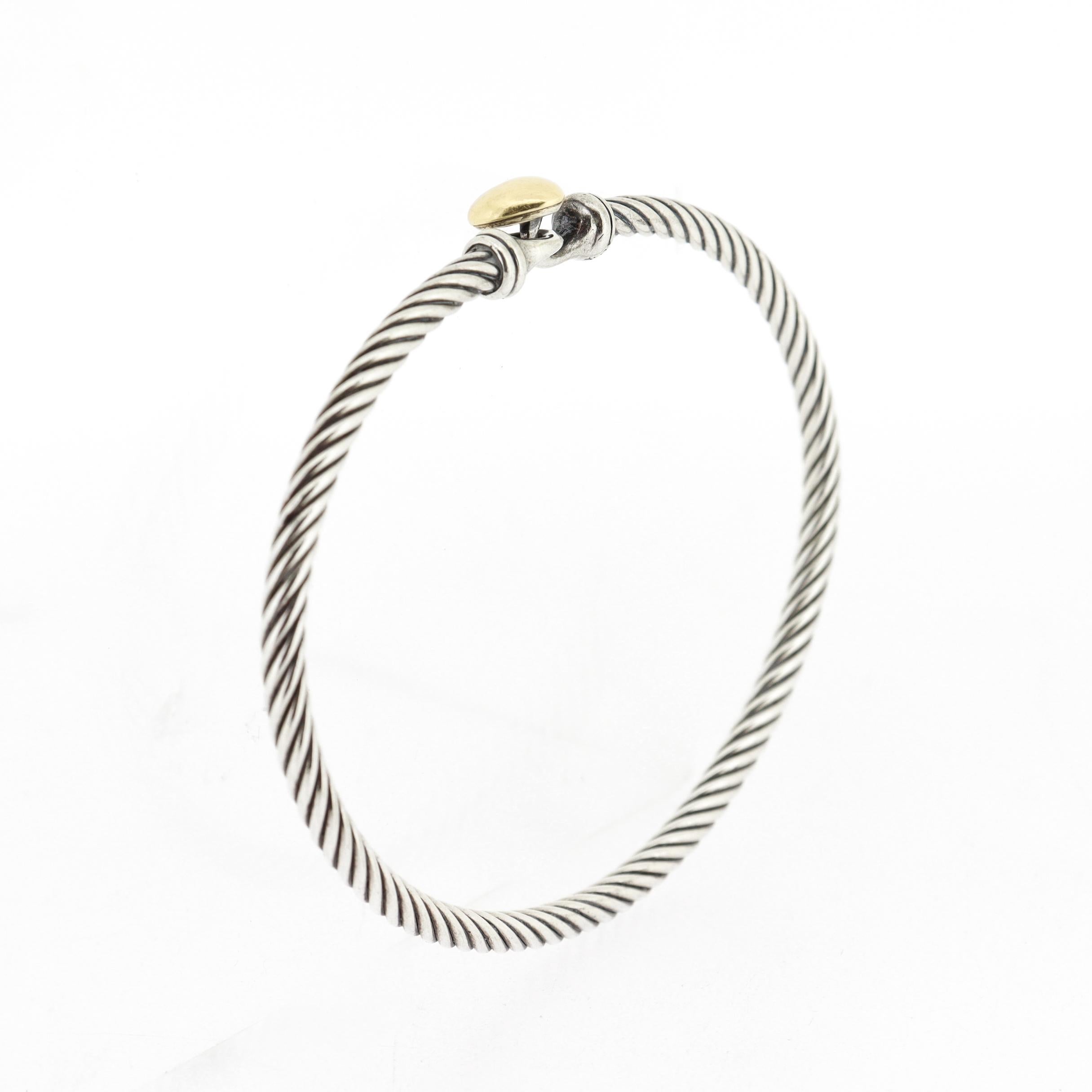 David Yurman Sterling Silver & 18K Gold 3mm Classic Cable Heart Station Bracelet For Sale 5